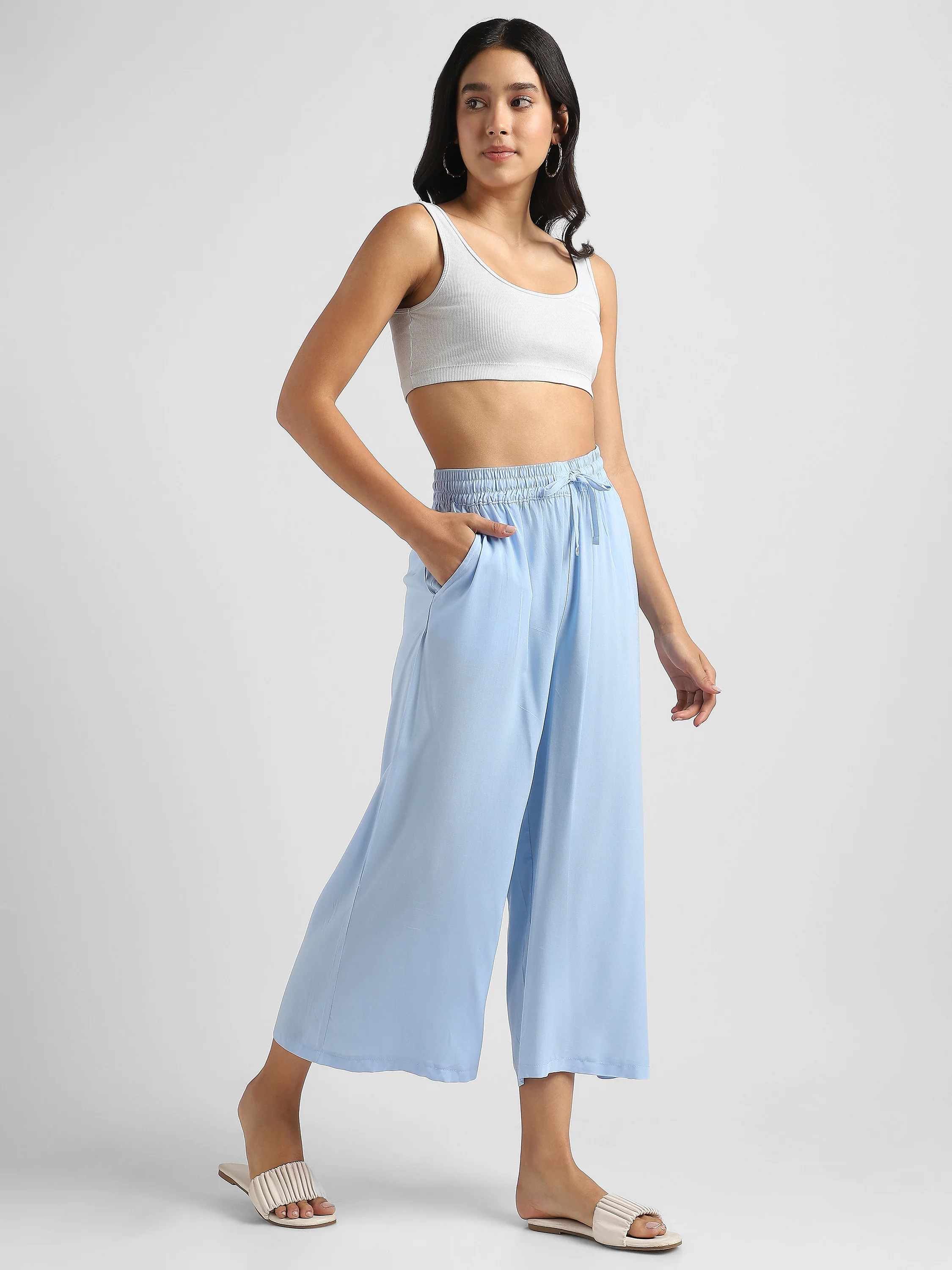 Women Blue Flowy Wide-Leg Pants with Drawstring - Image 2