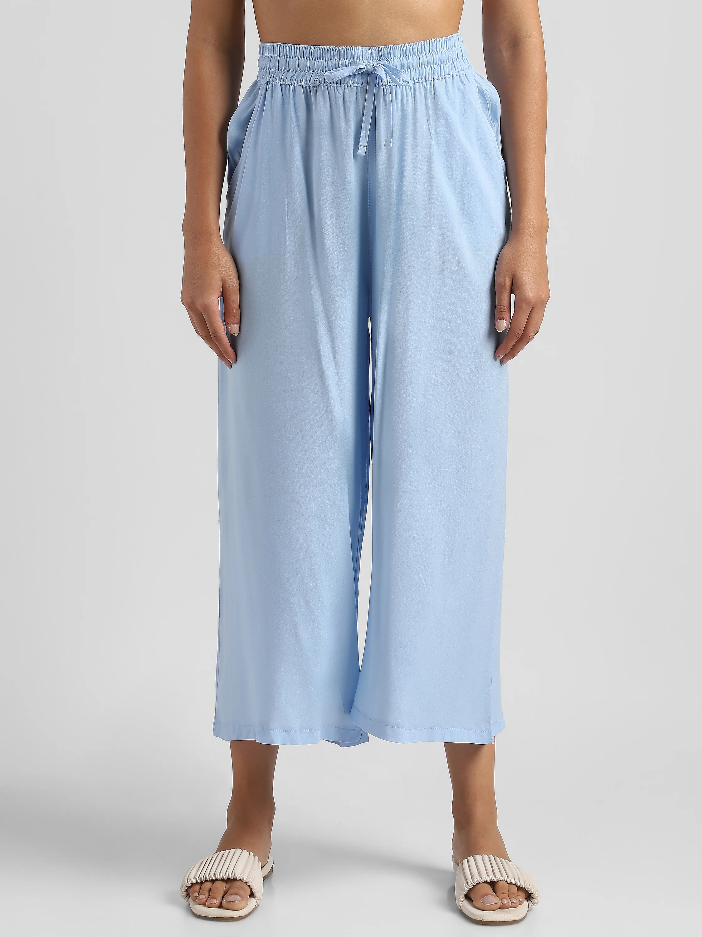 Women Blue Flowy Wide-Leg Pants with Drawstring - Image 3