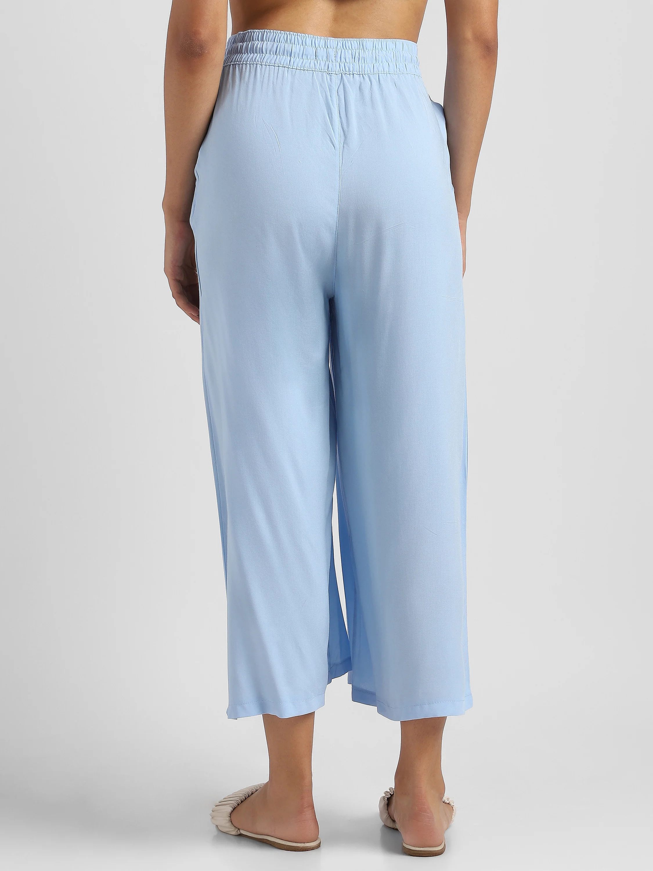 Women Blue Flowy Wide-Leg Pants with Drawstring - Image 4