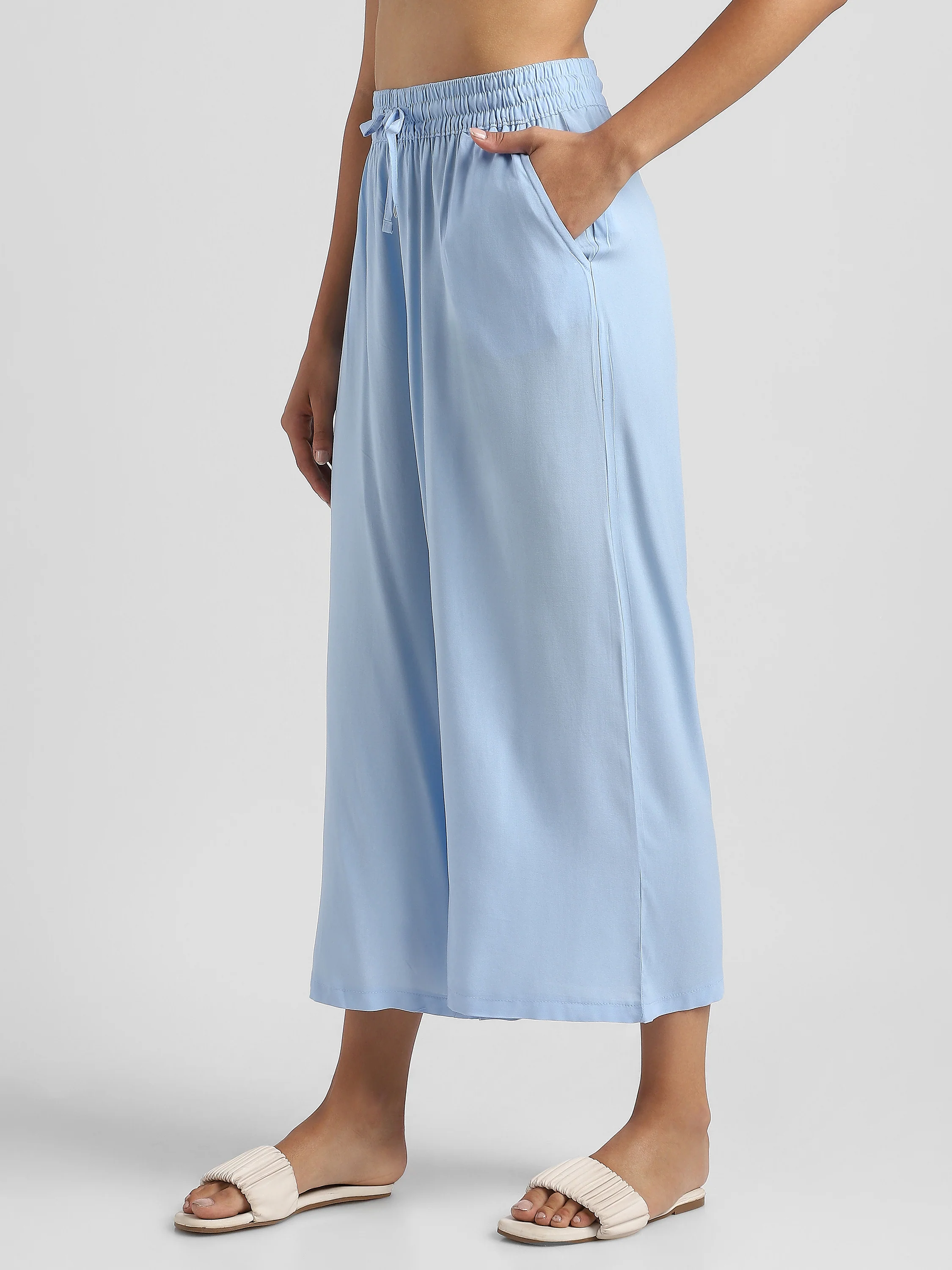 Women Blue Flowy Wide-Leg Pants with Drawstring - Image 6