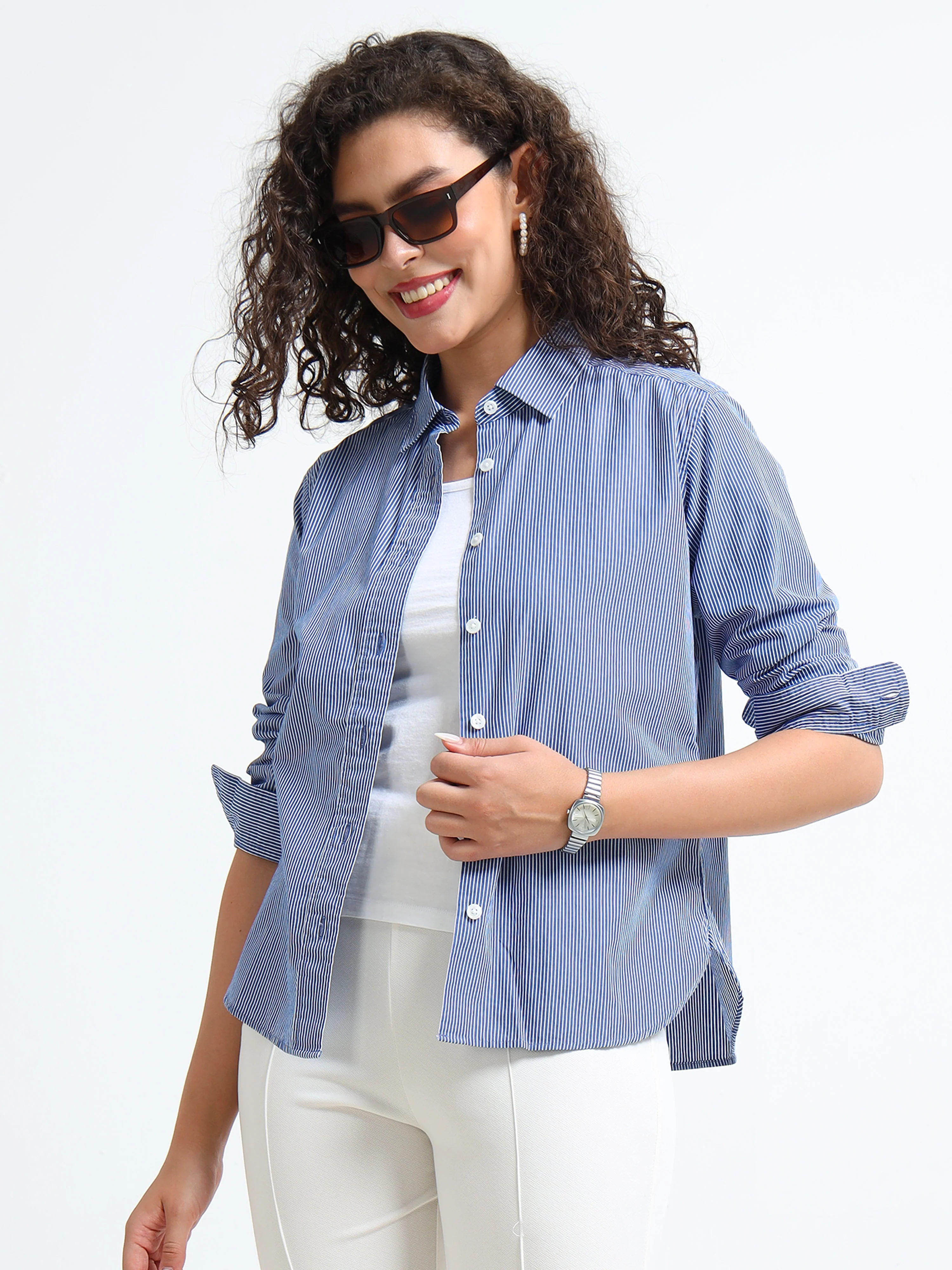 Women Blue Fine Stripe Shirt - Image 2