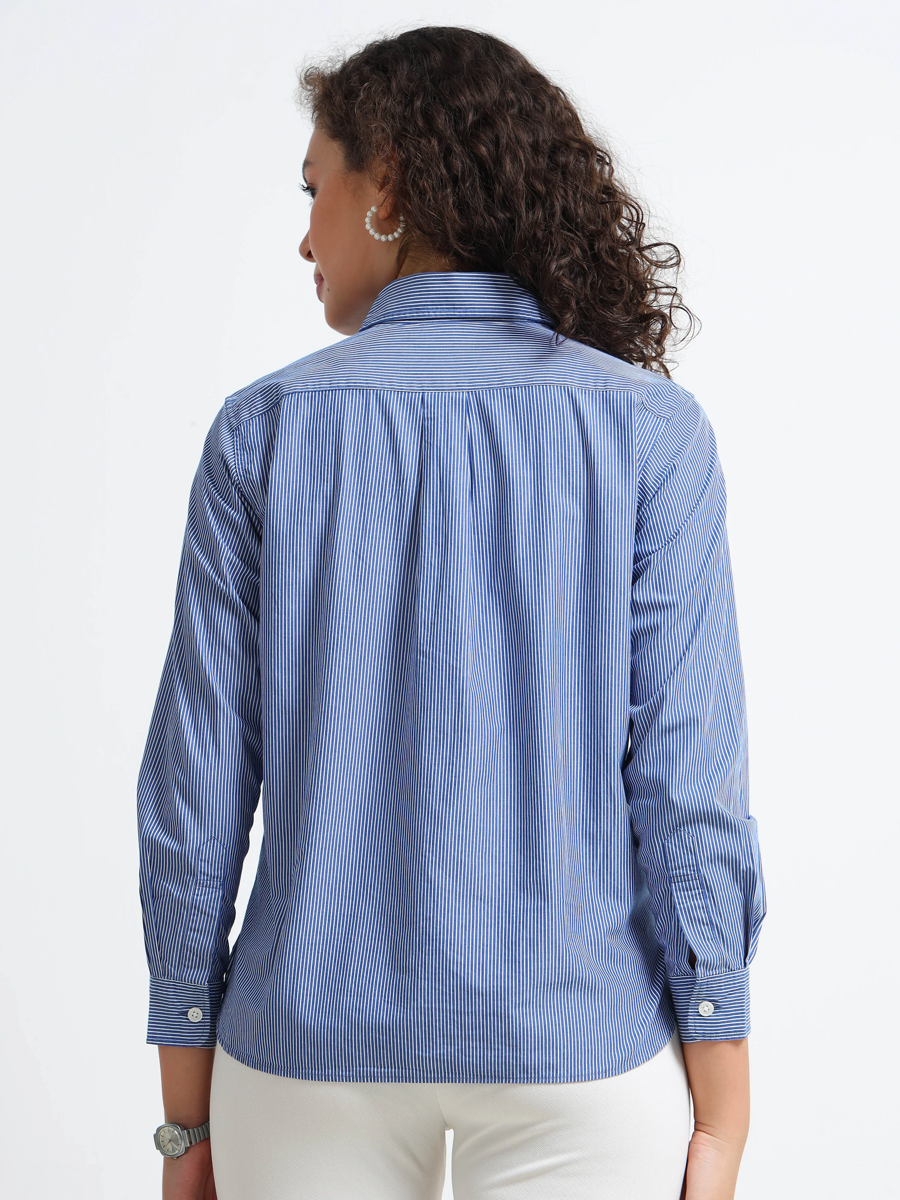 Women Blue Fine Stripe Shirt - Image 3