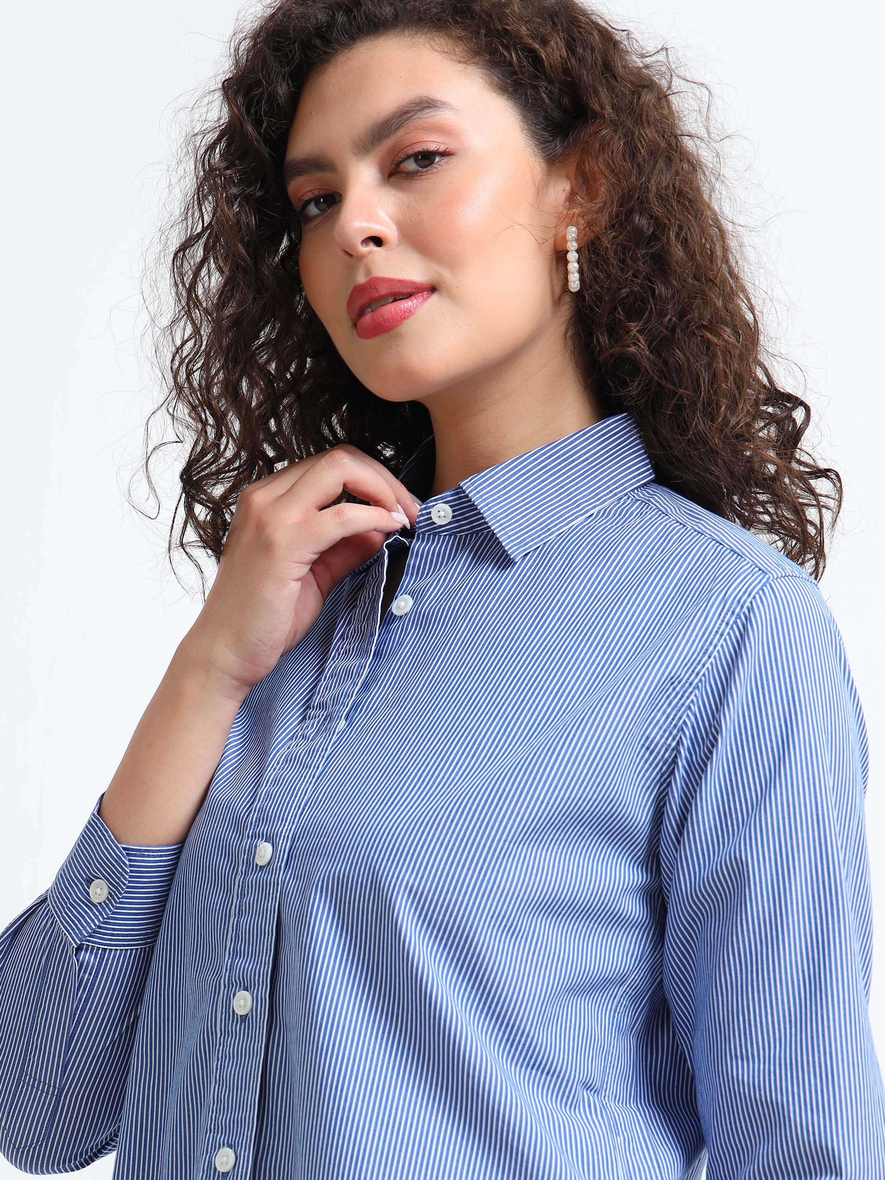 Women Blue Fine Stripe Shirt - Image 4