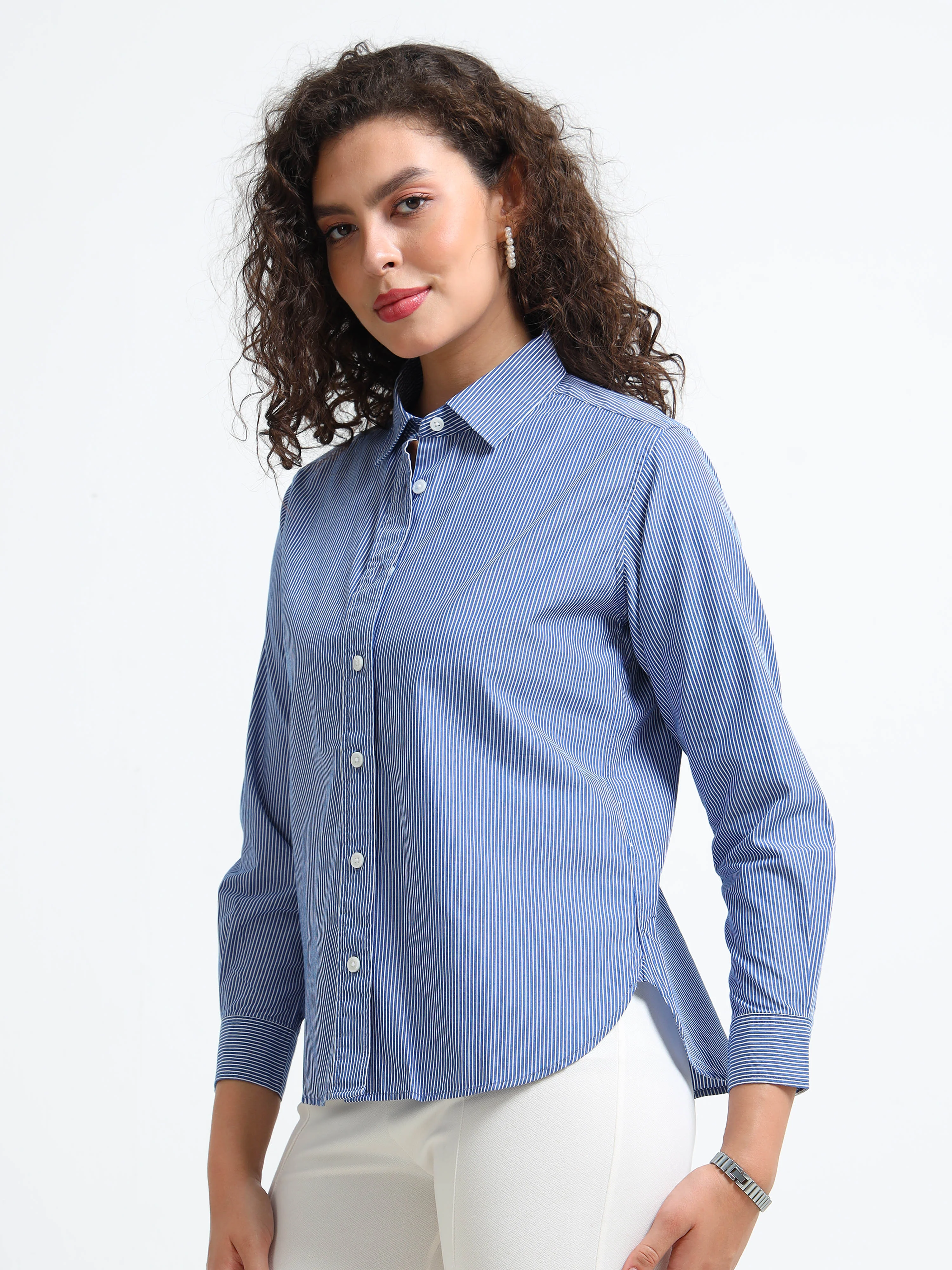 Women Blue Fine Stripe Shirt - Image 5