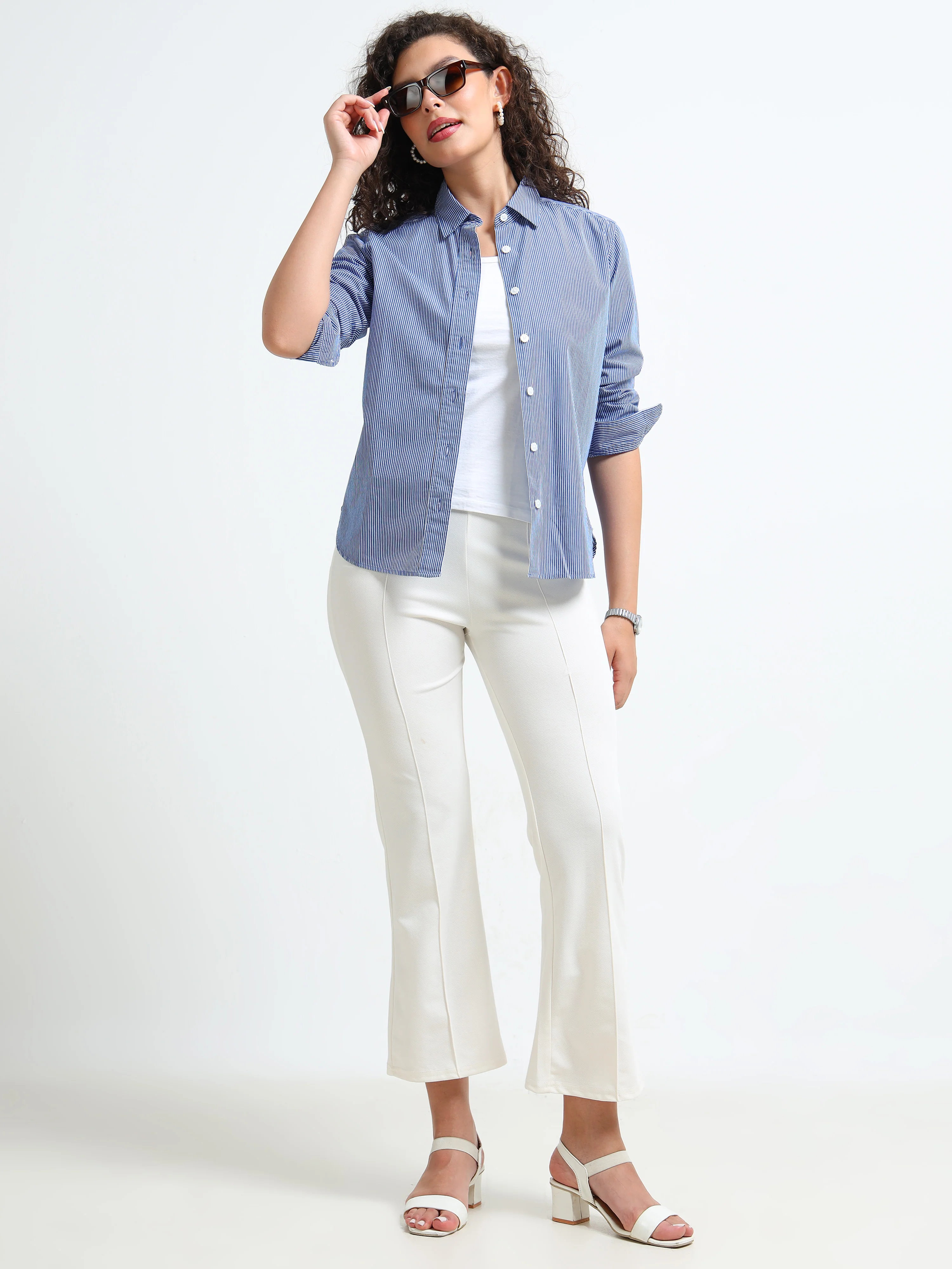 Women Blue Fine Stripe Shirt - Image 7