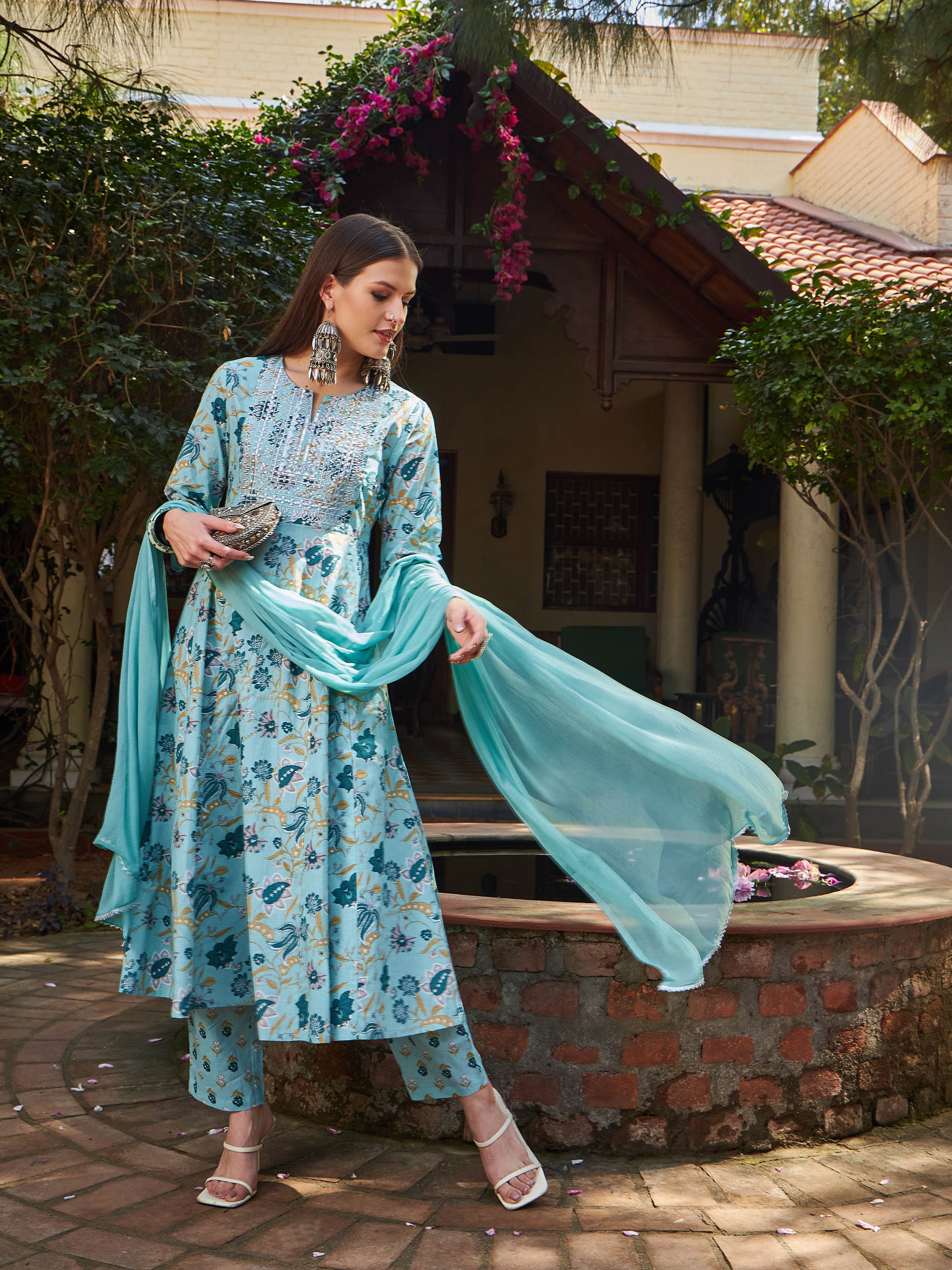 Women Blue Floral Anarkali Kurta With Pencil Pants & Dupatta - Image 2