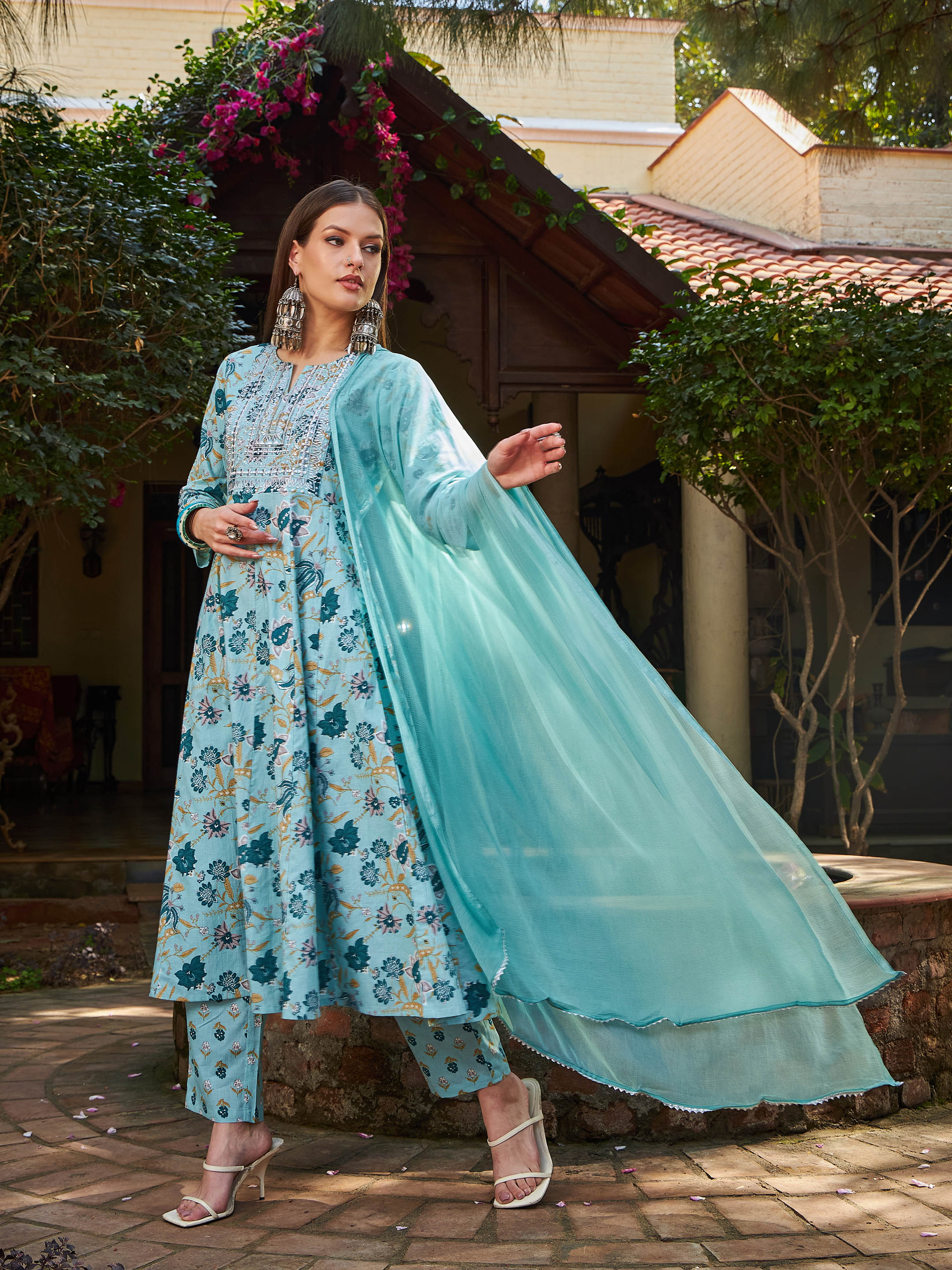 Women Blue Floral Anarkali Kurta With Pencil Pants & Dupatta - Image 3