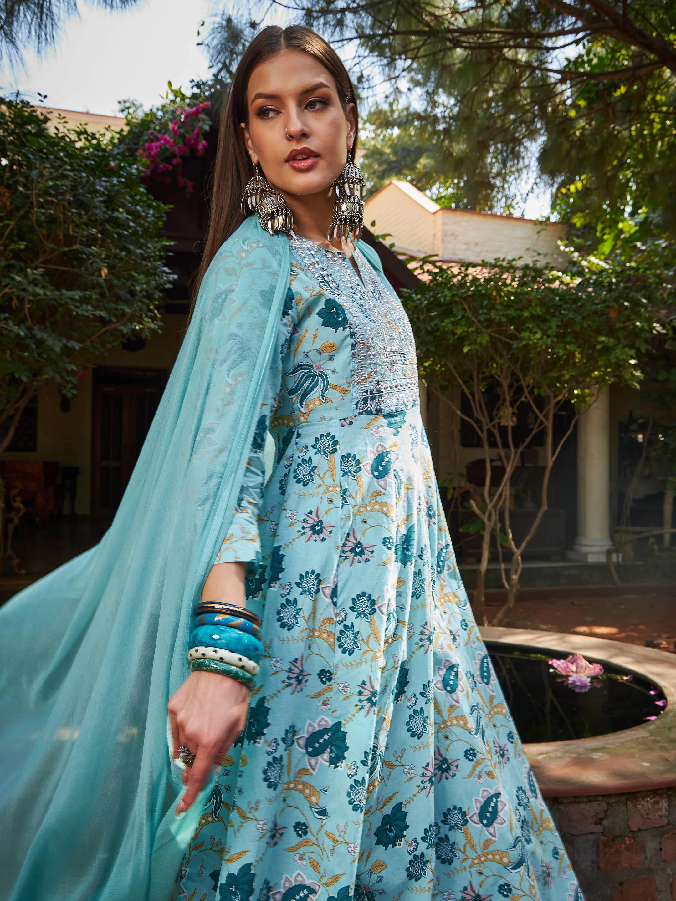 Women Blue Floral Anarkali Kurta With Pencil Pants & Dupatta - Image 4