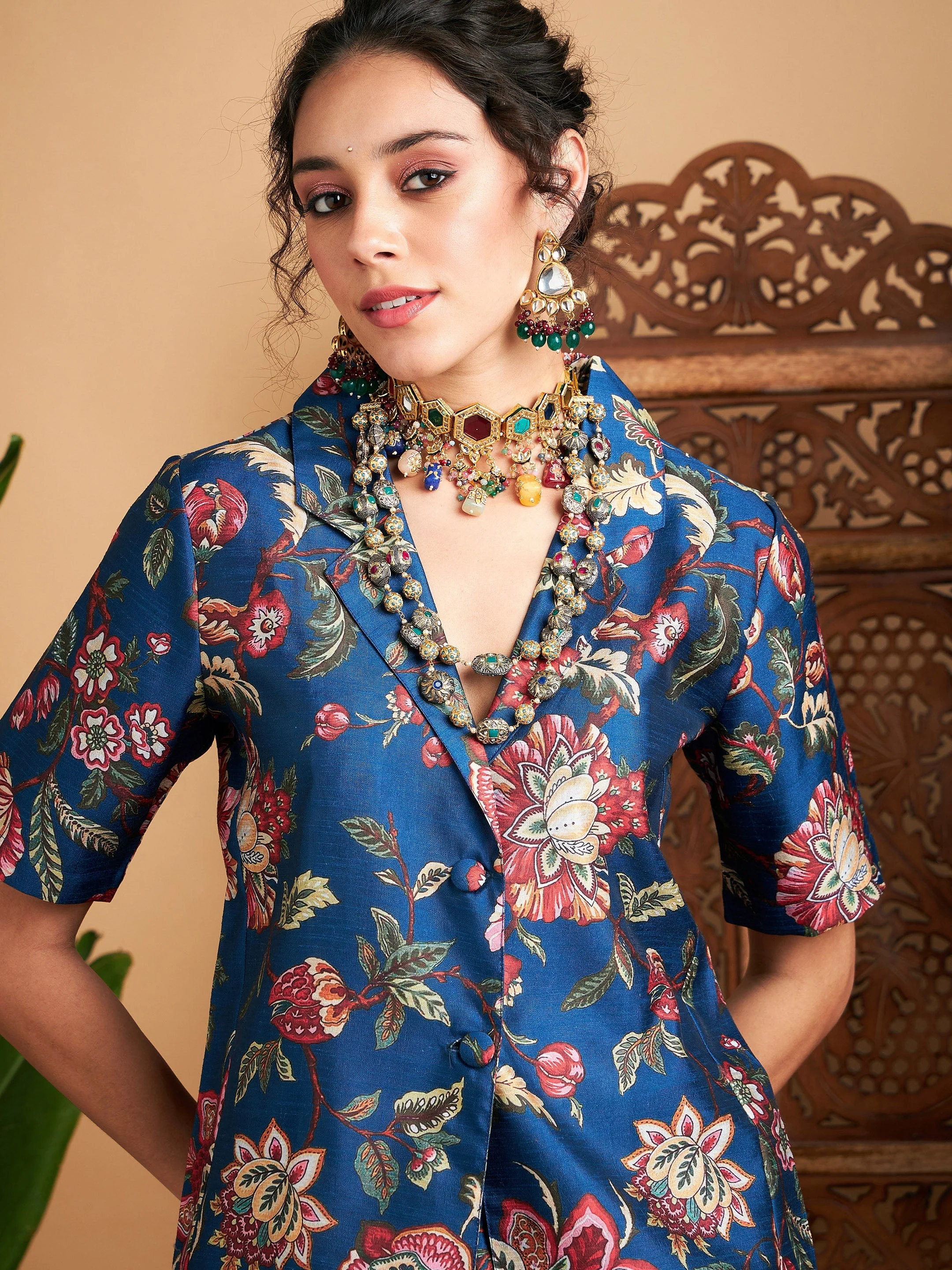Women Blue Floral Anarkali Skirt With Blazer - Image 4