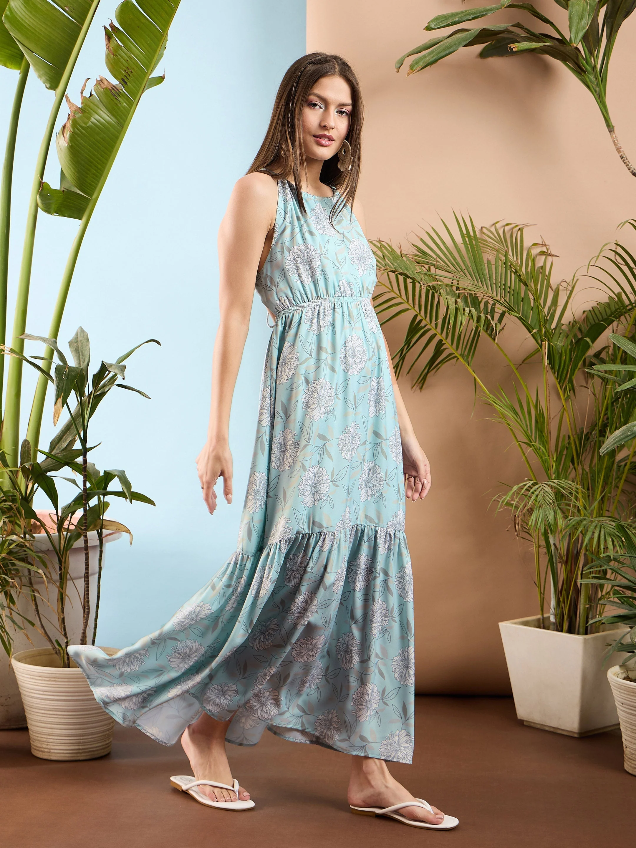 Women Blue Floral Back Less Maxi Dress - Image 3