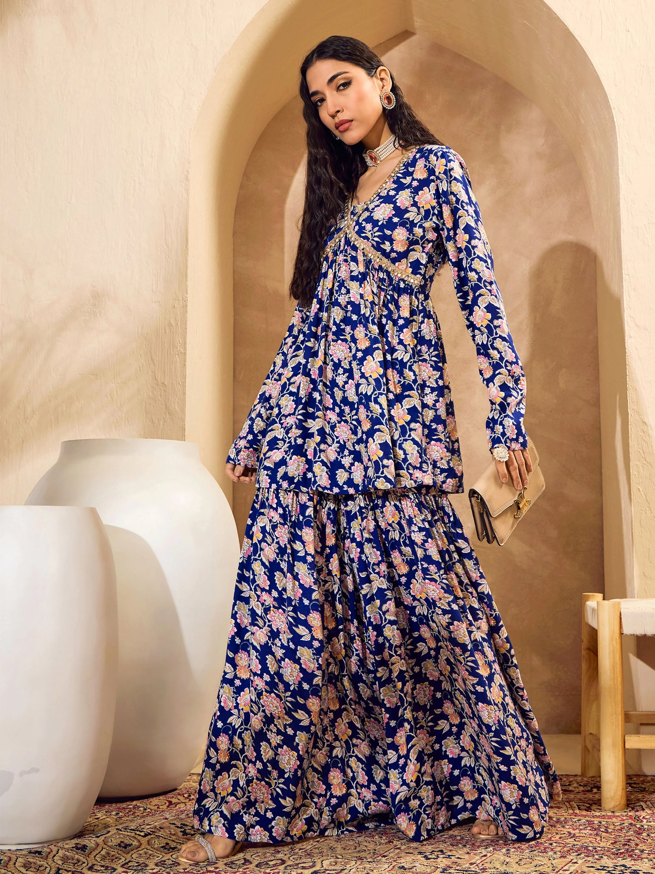 Women Blue Floral Cambric Peplum Top With Sharara Pants - Image 2