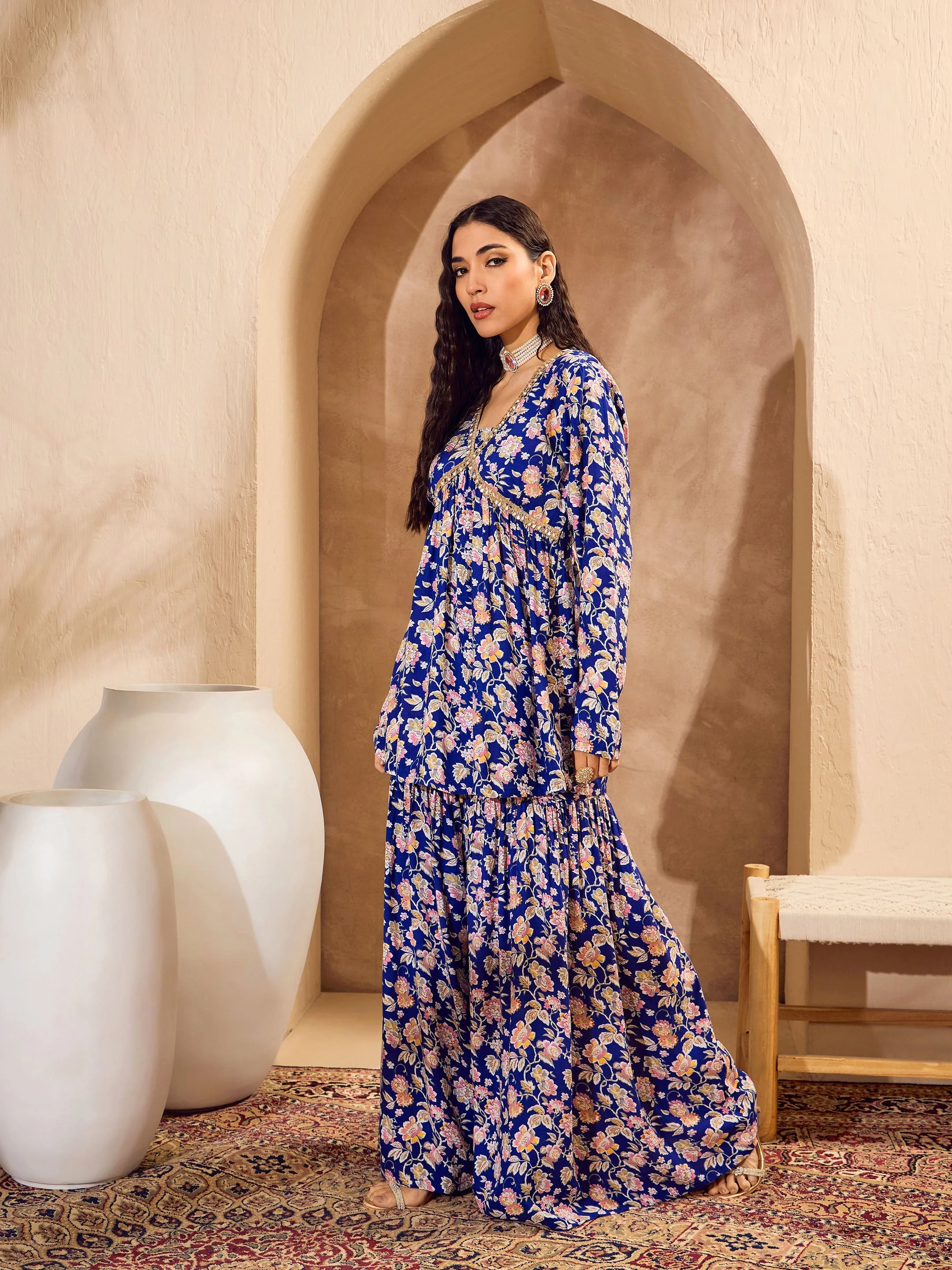 Women Blue Floral Cambric Peplum Top With Sharara Pants - Image 3