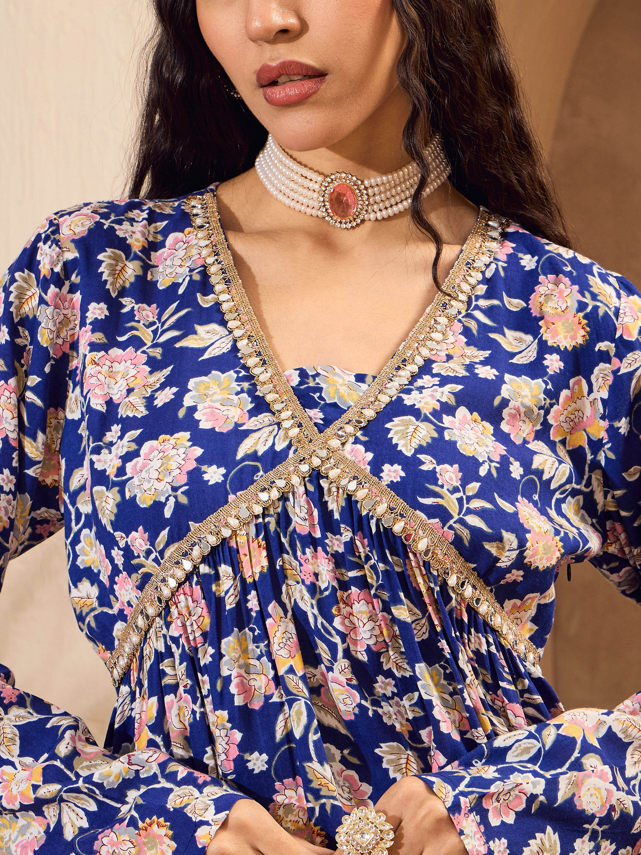 Women Blue Floral Cambric Peplum Top With Sharara Pants - Image 4