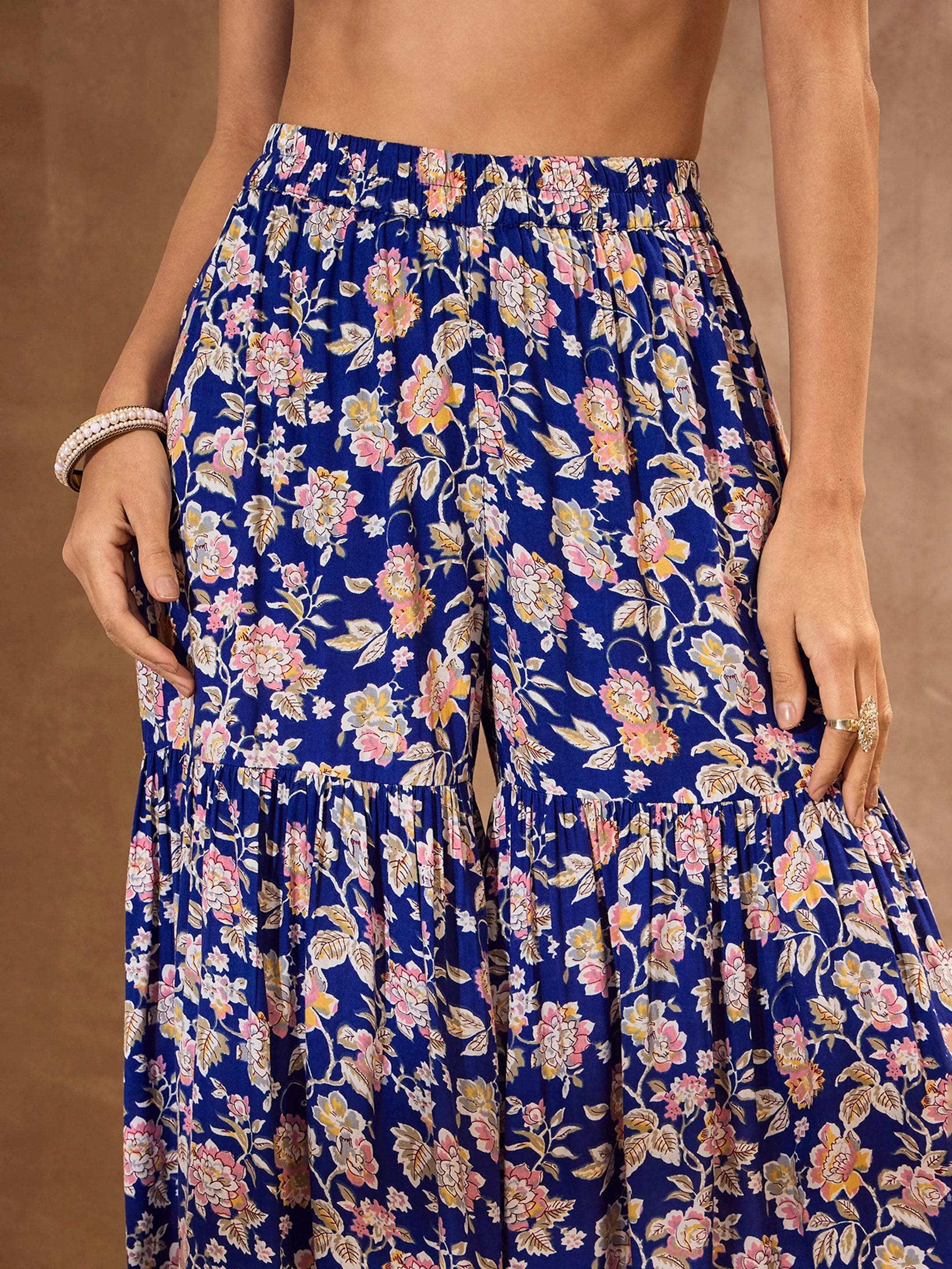 Women Blue Floral Cambric Peplum Top With Sharara Pants - Image 5