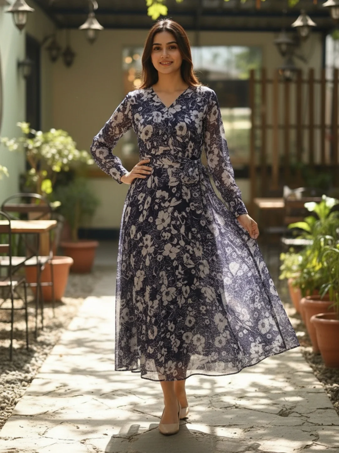 Women Blue Floral Chiffon Dress - Image 2
