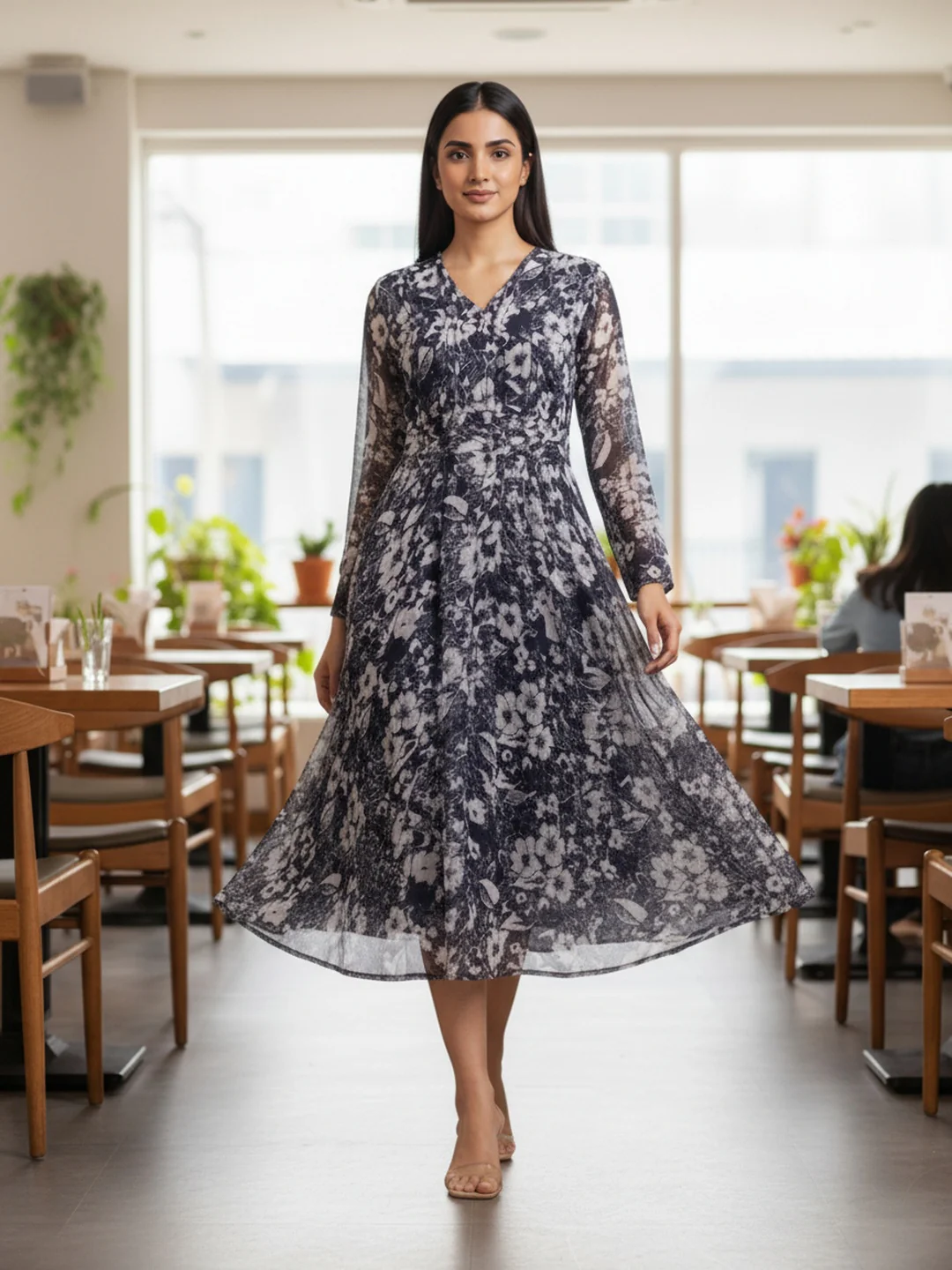 Women Blue Floral Chiffon Dress - Image 4