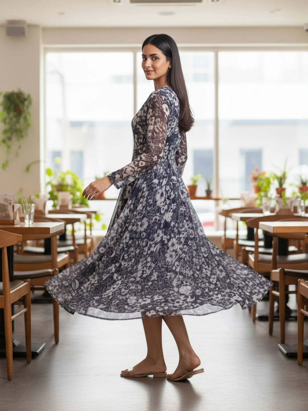 Women Blue Floral Chiffon Dress - Image 5