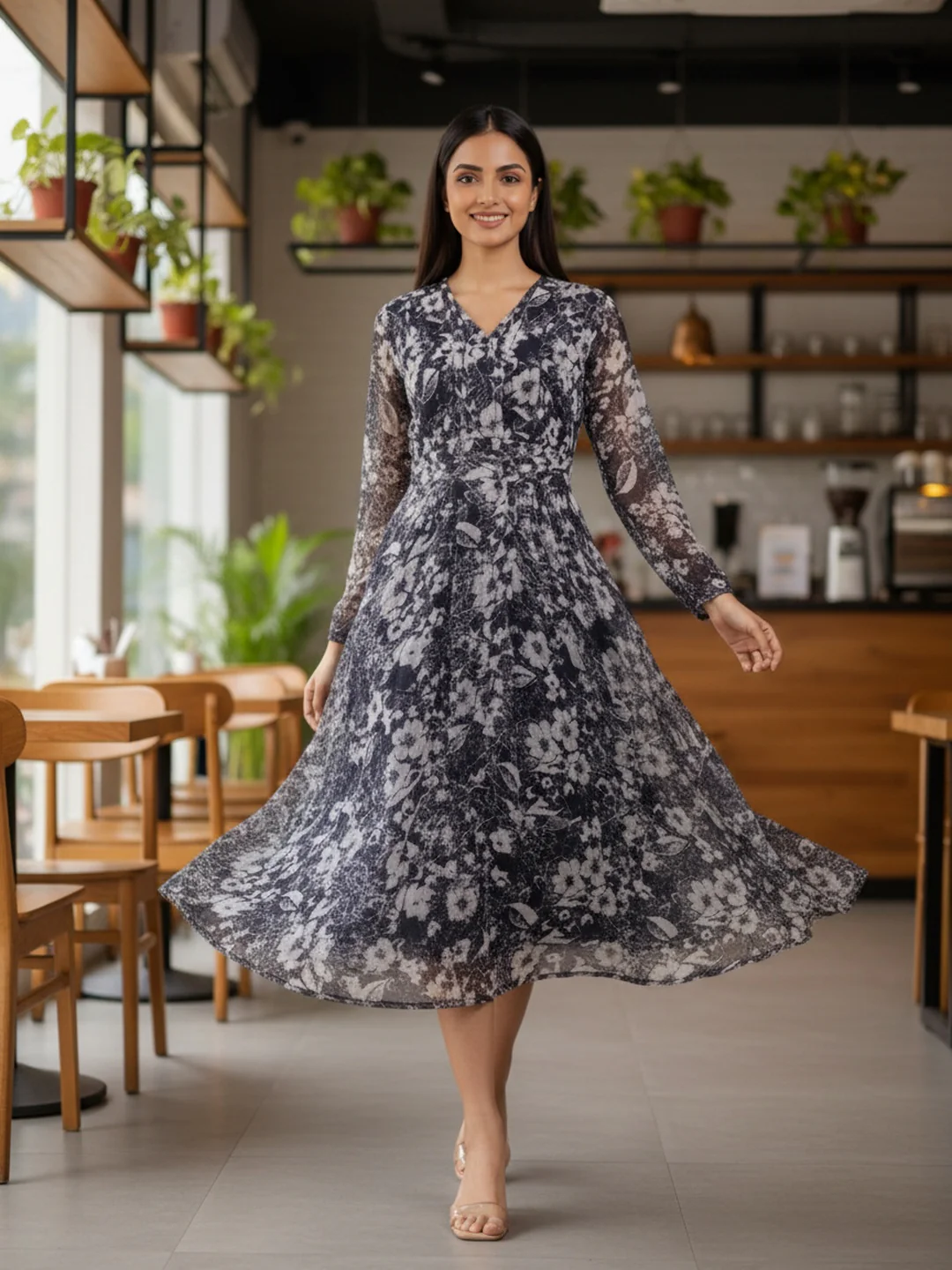 Women Blue Floral Chiffon Dress - Image 6