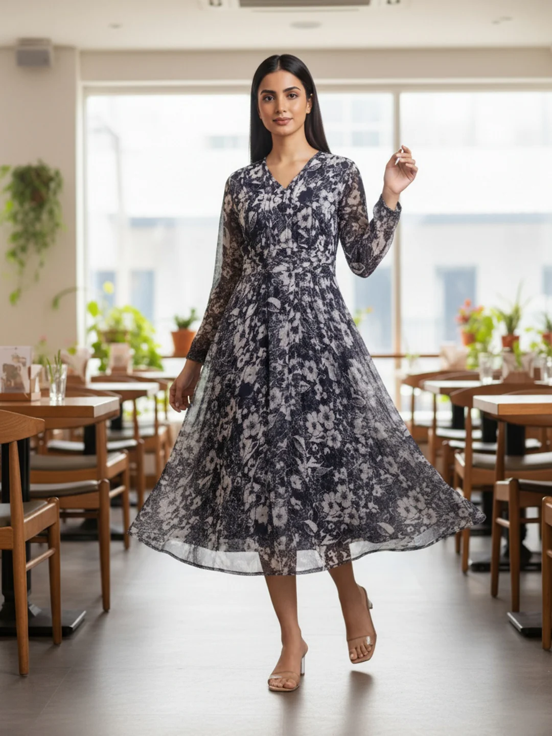 Women Blue Floral Chiffon Dress - Image 7