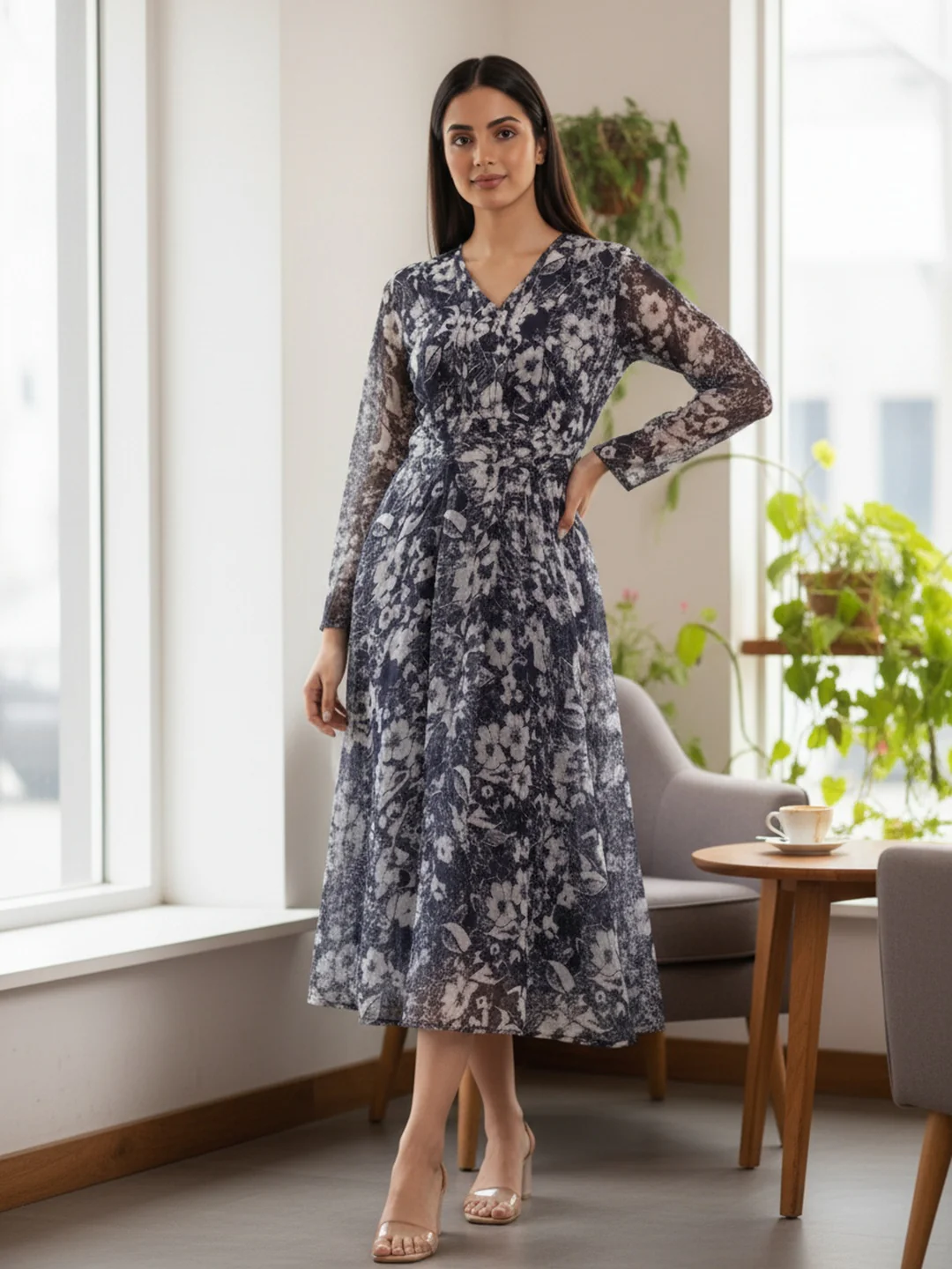 Women Blue Floral Chiffon Dress - Image 8