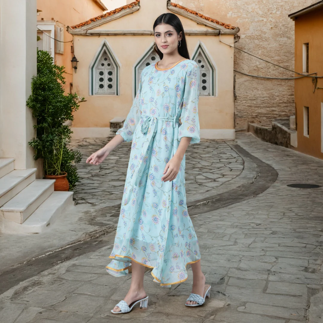 Women Blue Floral Chiffon Maxi Dress - Image 3
