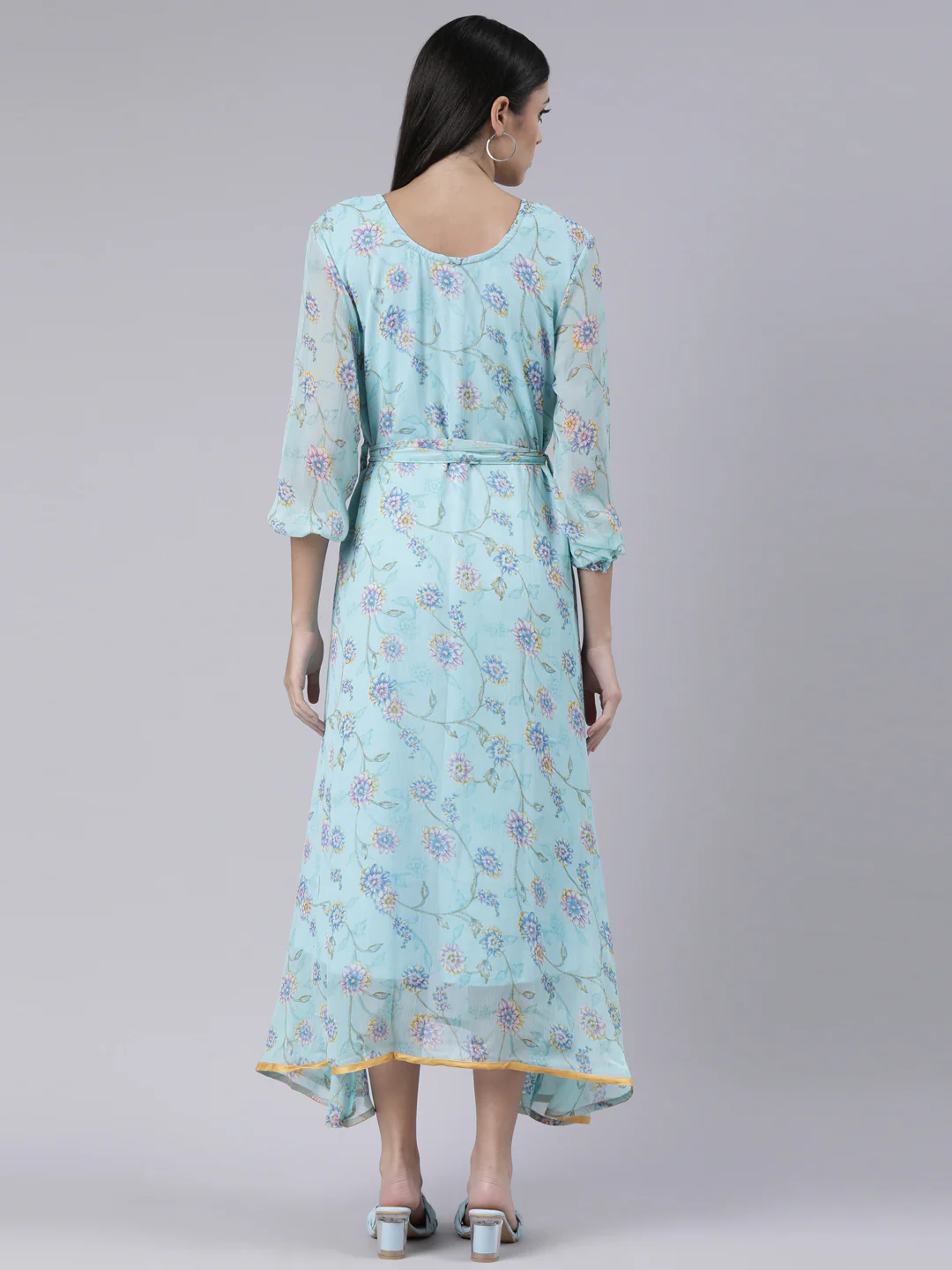 Women Blue Floral Chiffon Maxi Dress - Image 4