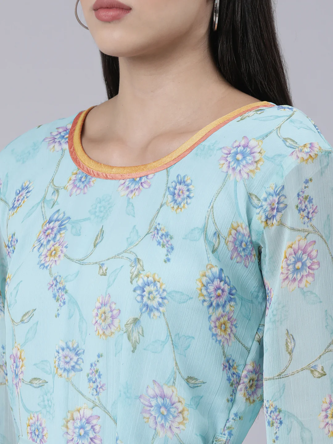 Women Blue Floral Chiffon Maxi Dress - Image 5