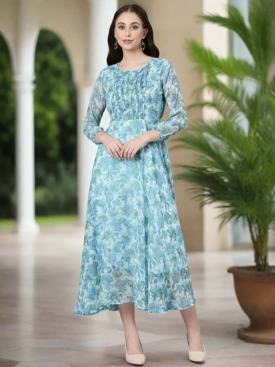 Women Blue Floral Chiffon Maxi Dress - Image 3