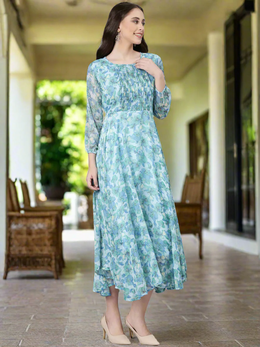 Women Blue Floral Chiffon Maxi Dress - Image 5
