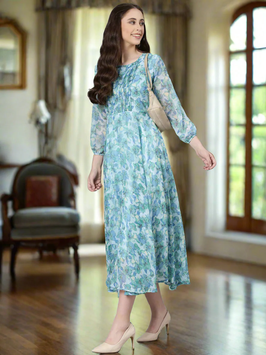 Women Blue Floral Chiffon Maxi Dress - Image 6