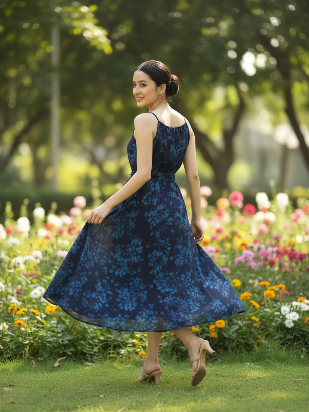 Women Floral Chiffon Tie-Up Midi Dress - Image 2