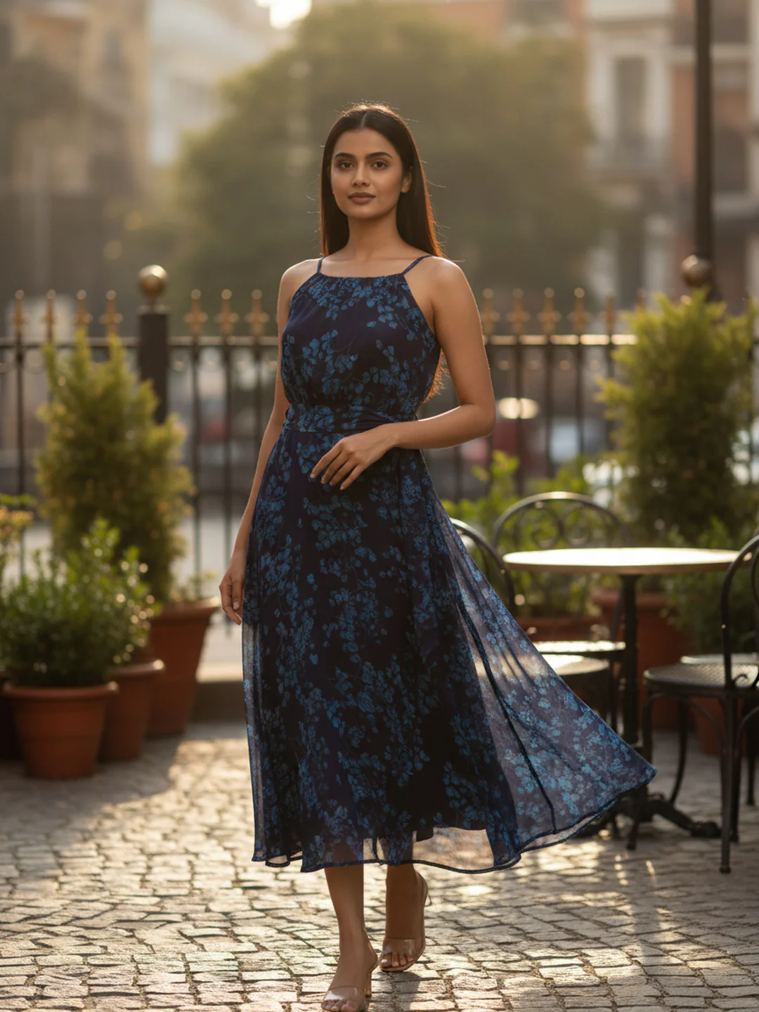 Women Floral Chiffon Tie-Up Midi Dress - Image 4