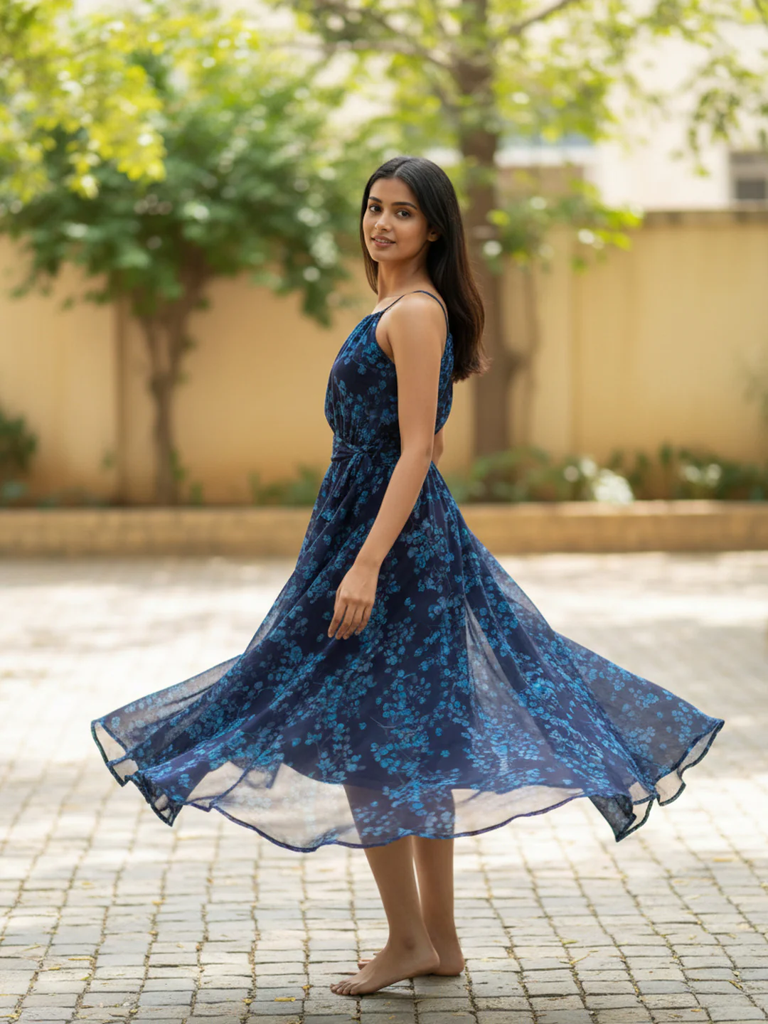 Women Floral Chiffon Tie-Up Midi Dress - Image 5