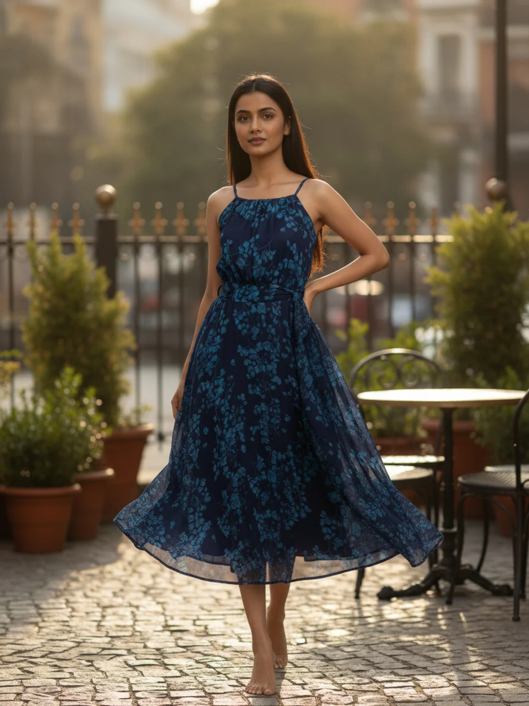 Women Floral Chiffon Tie-Up Midi Dress - Image 6