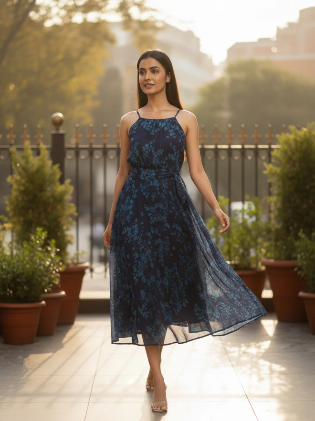 Women Floral Chiffon Tie-Up Midi Dress - Image 9