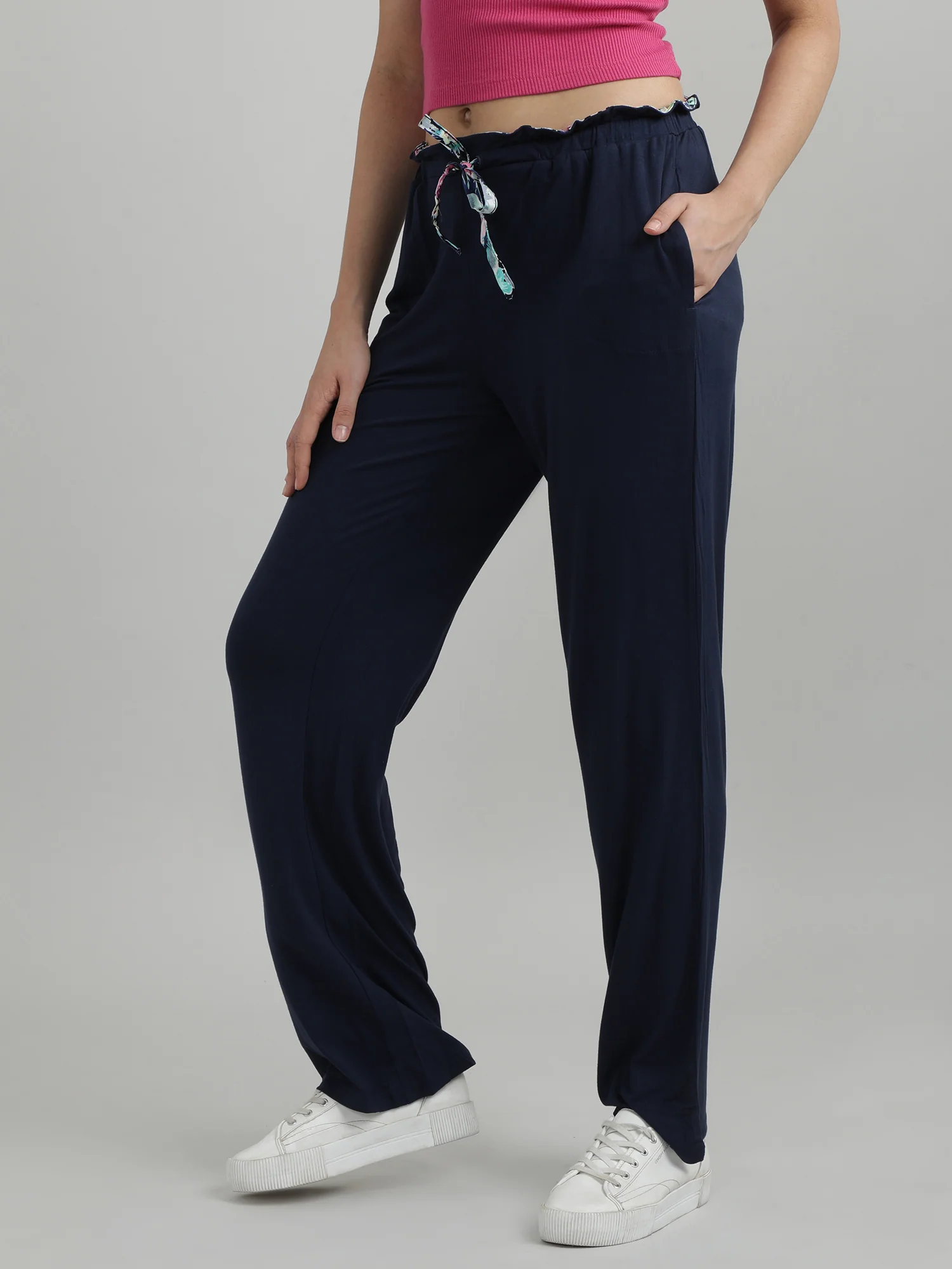 Women Blue Floral Drawstring Lounge Pants - Image 4