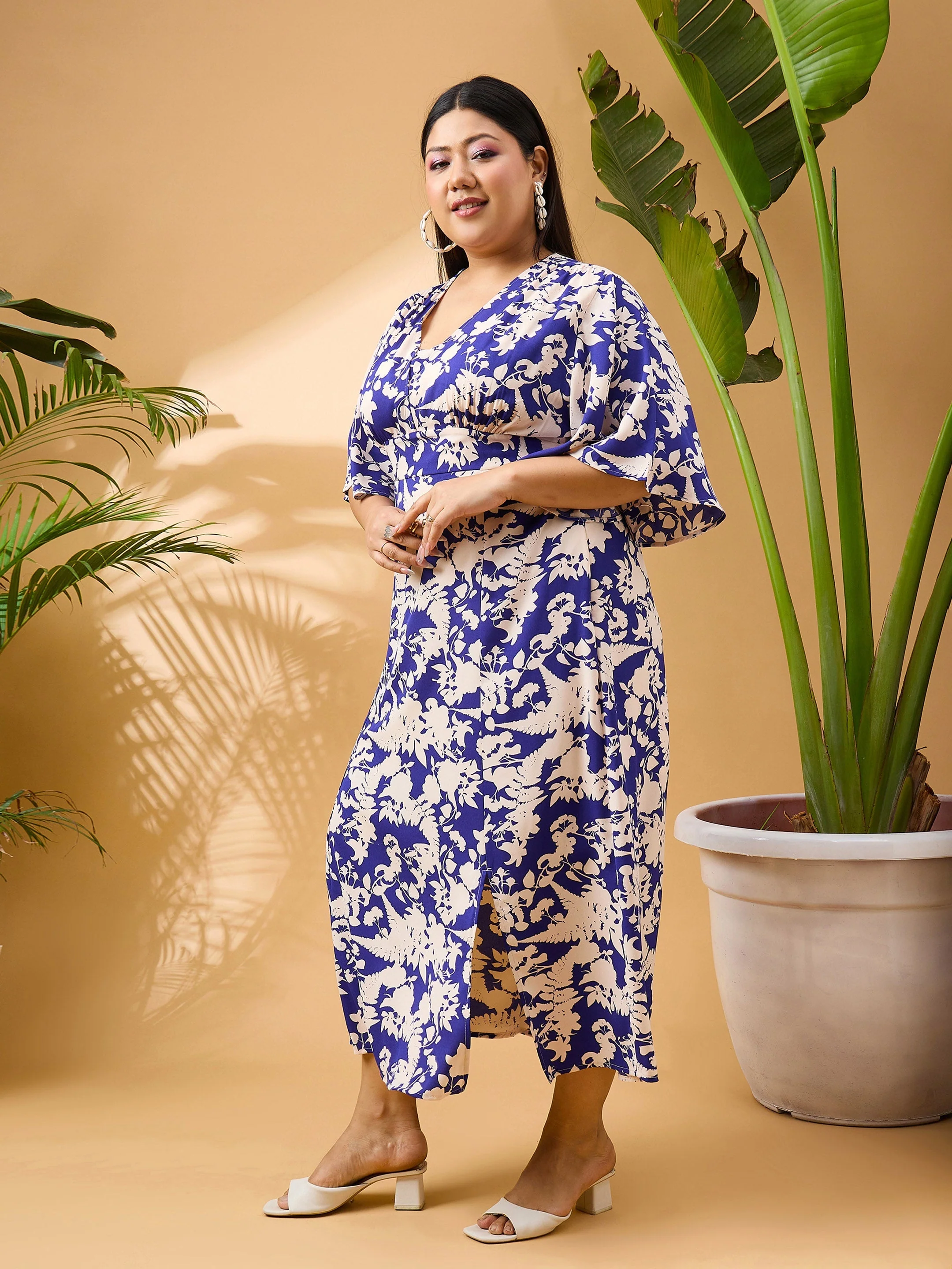 Women Blue Floral Front Slit Midi Dress - Image 3