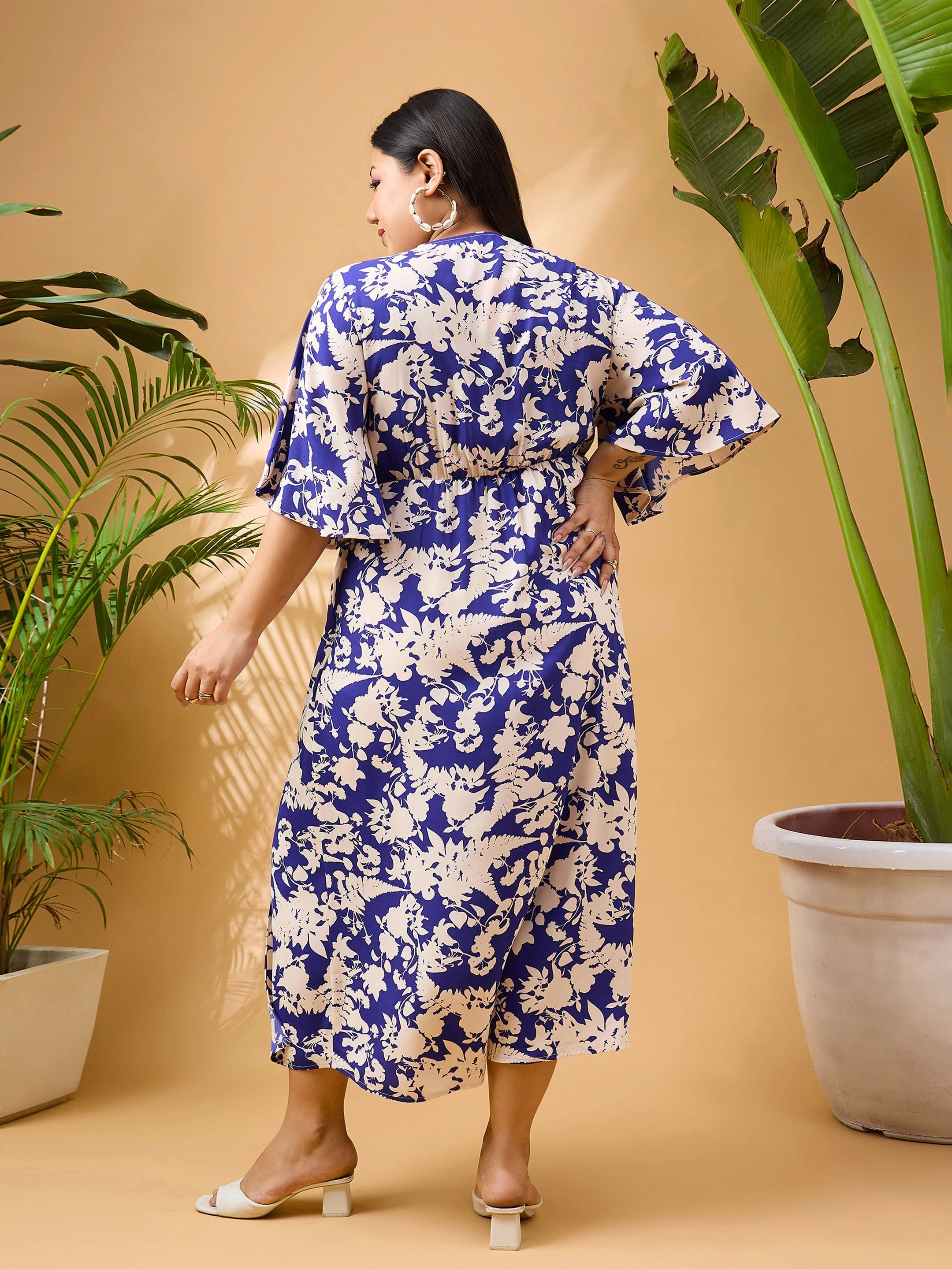 Women Blue Floral Front Slit Midi Dress - Image 5