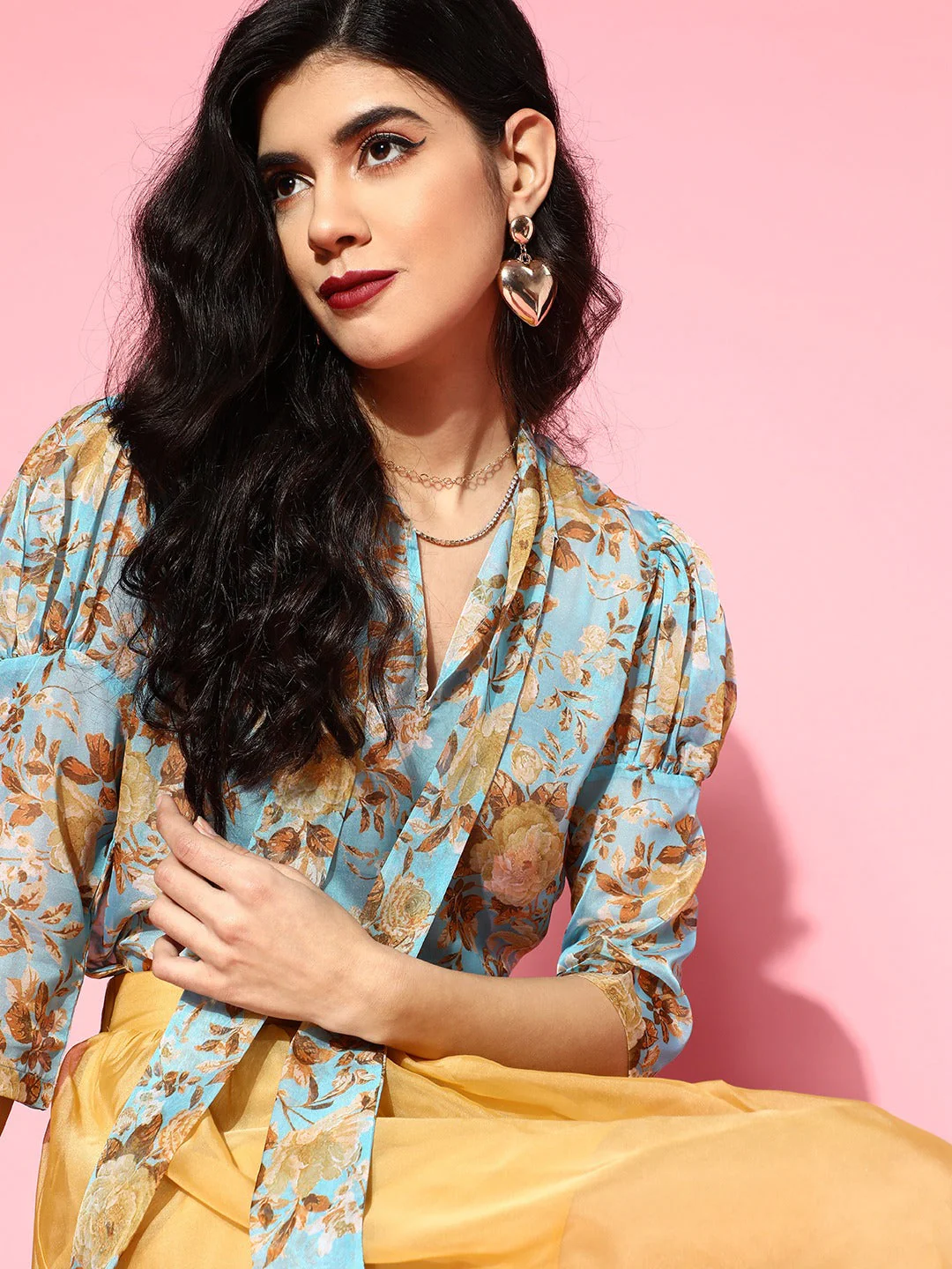 Women Blue Floral Tie-Up Top - Image 3