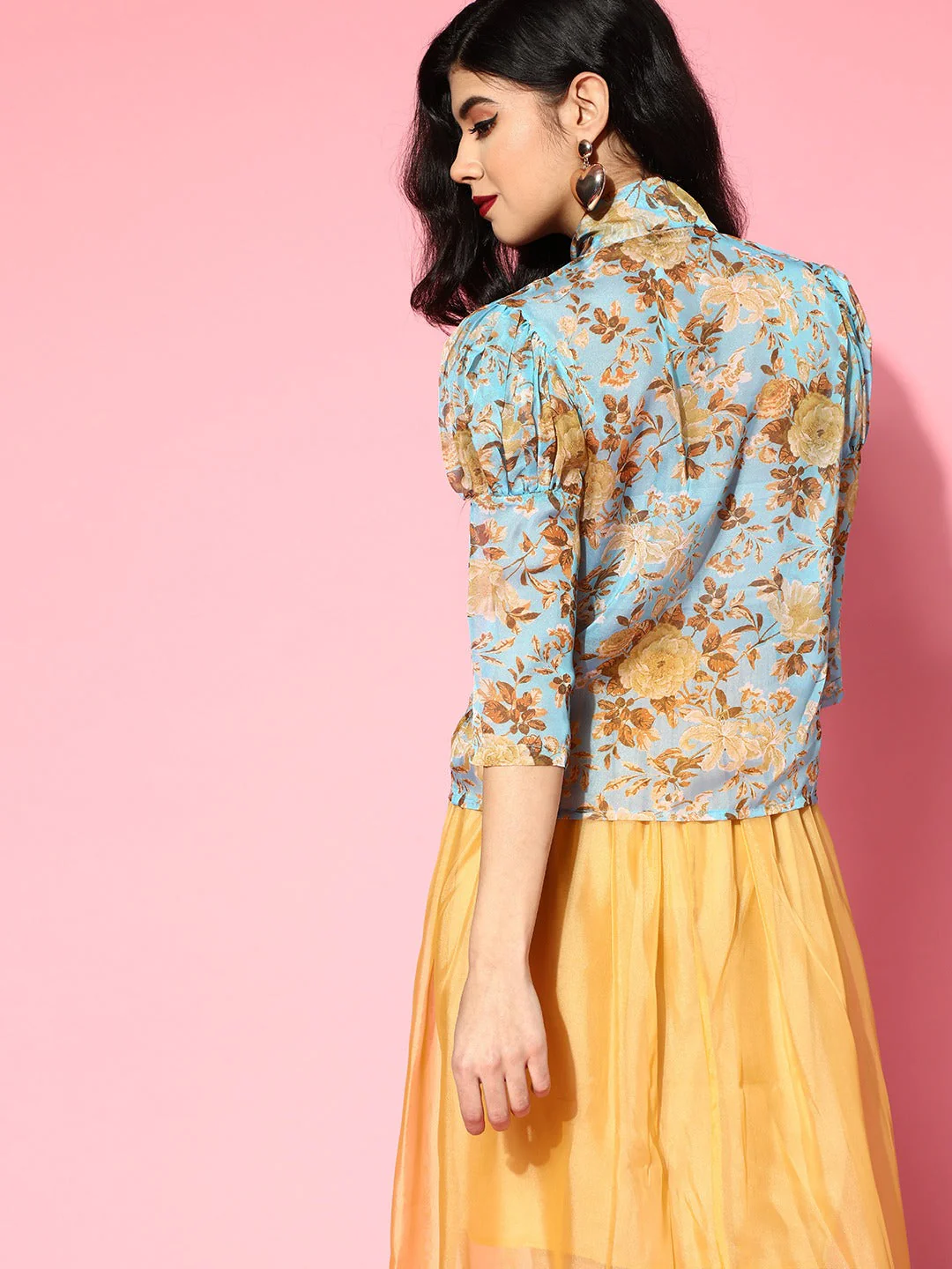 Women Blue Floral Tie-Up Top - Image 4
