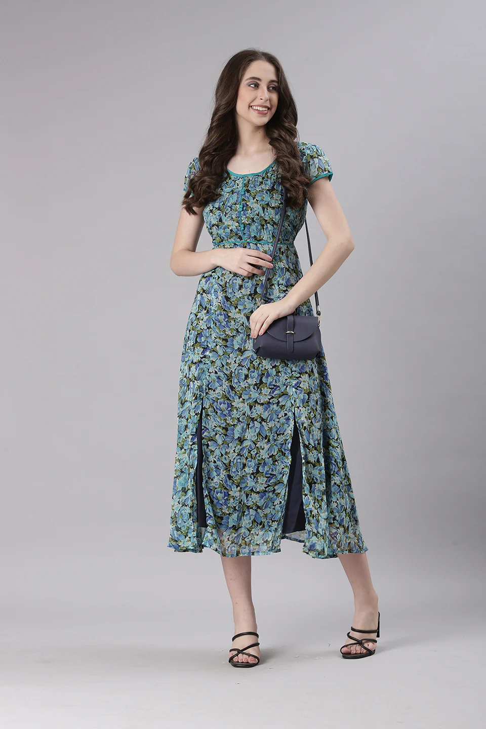 Women Blue Floral Printed Fit & Flare Dress