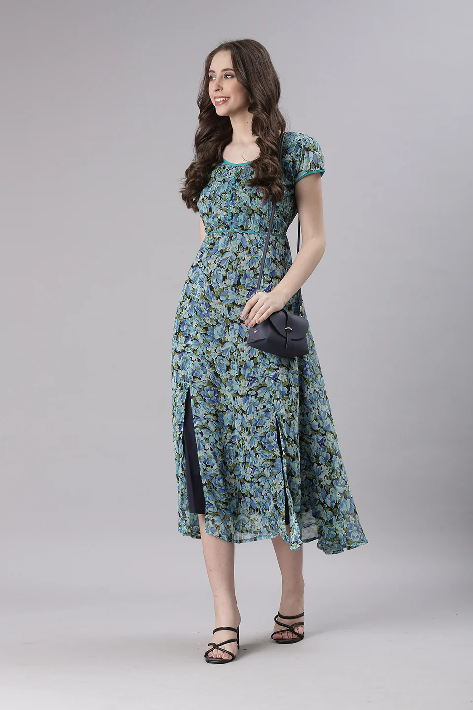 Women Blue Floral Printed Fit & Flare Dress - Image 2