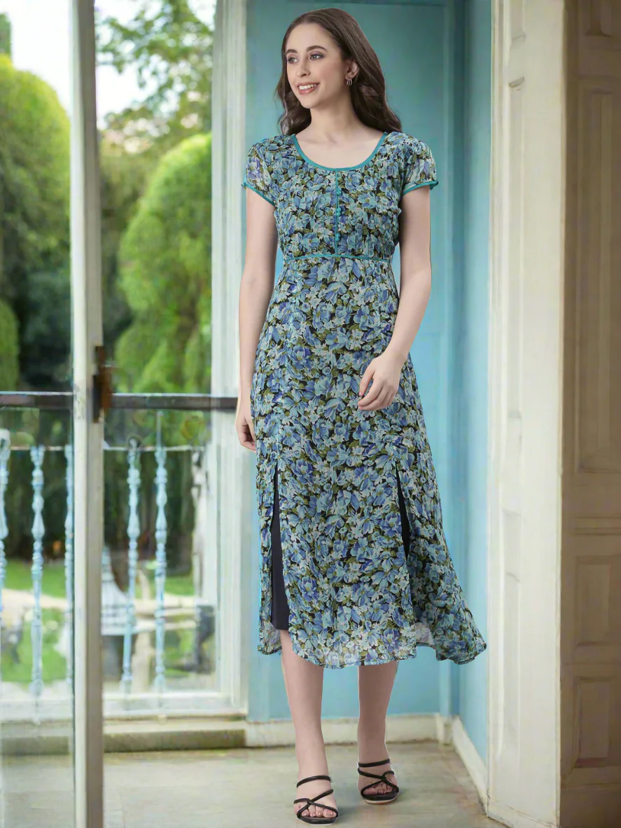Women Blue Floral Printed Fit & Flare Dress - Image 3