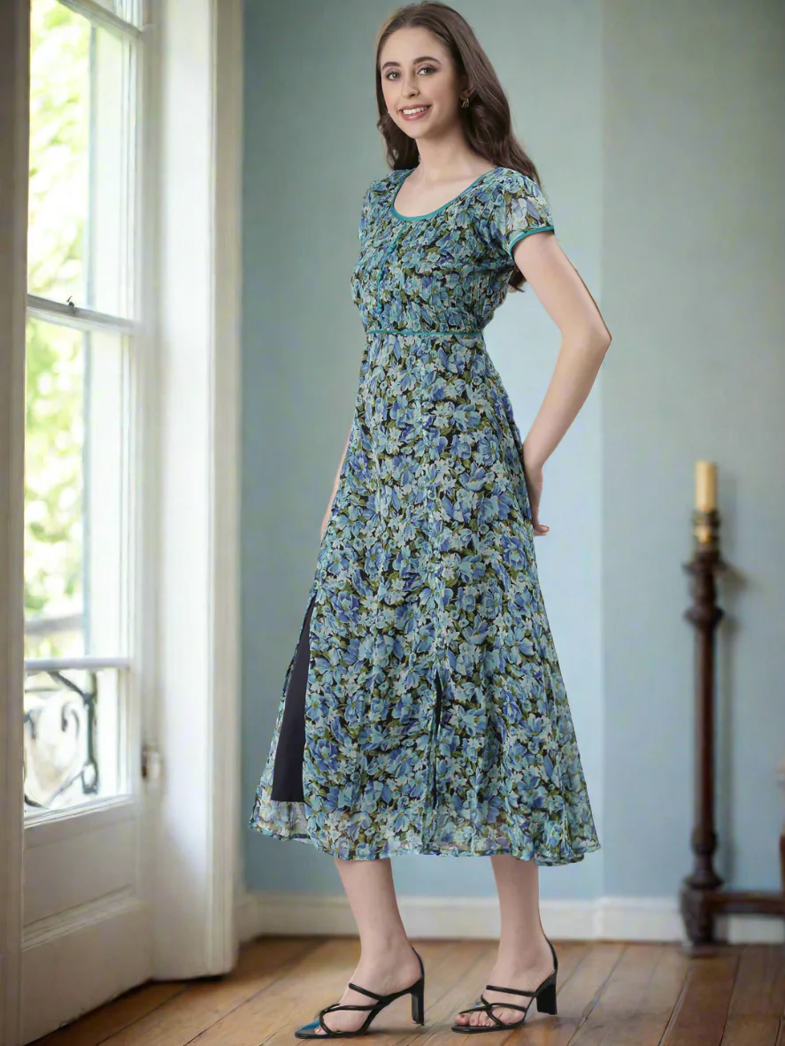 Women Blue Floral Printed Fit & Flare Dress - Image 4