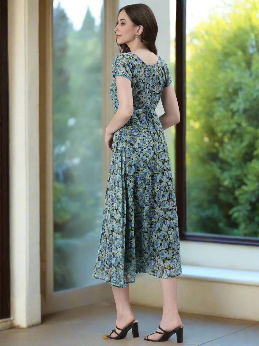 Women Blue Floral Printed Fit & Flare Dress - Image 5