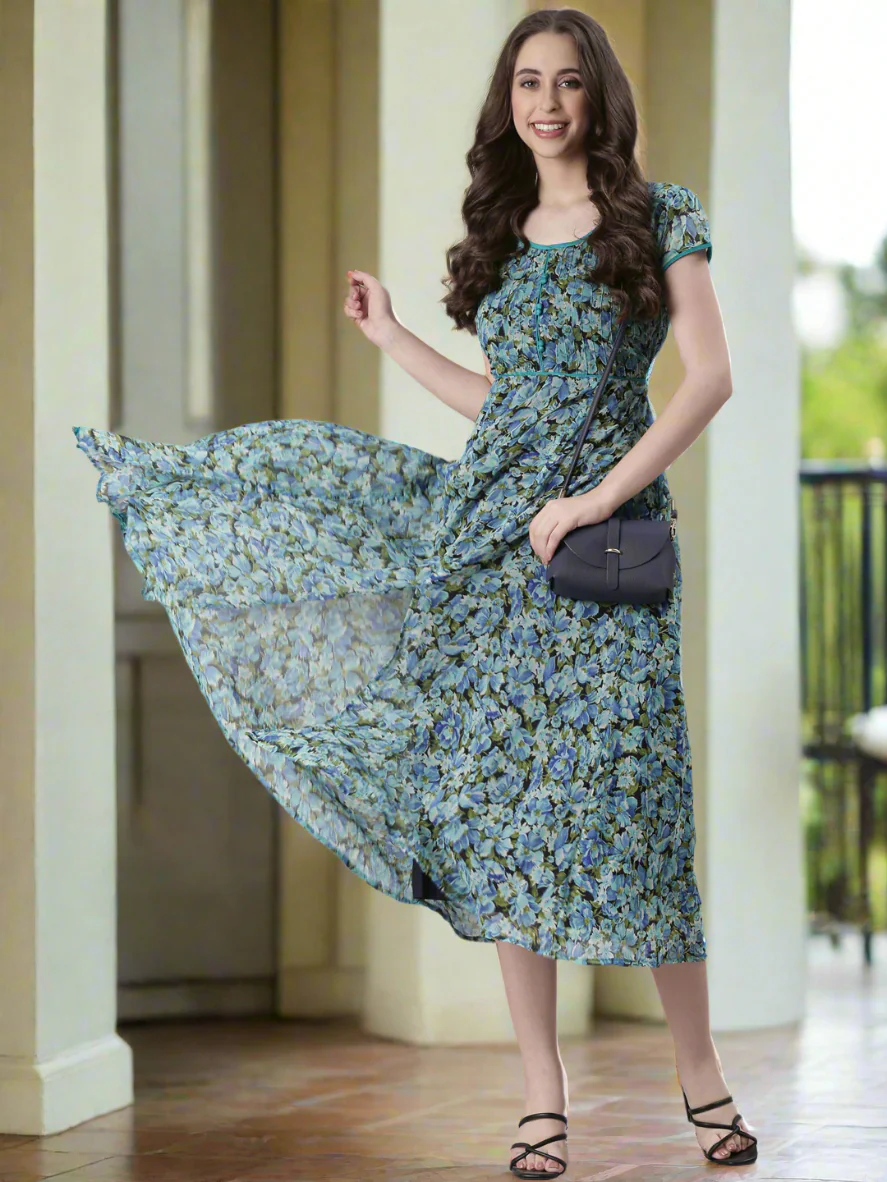 Women Blue Floral Printed Fit & Flare Dress - Image 6