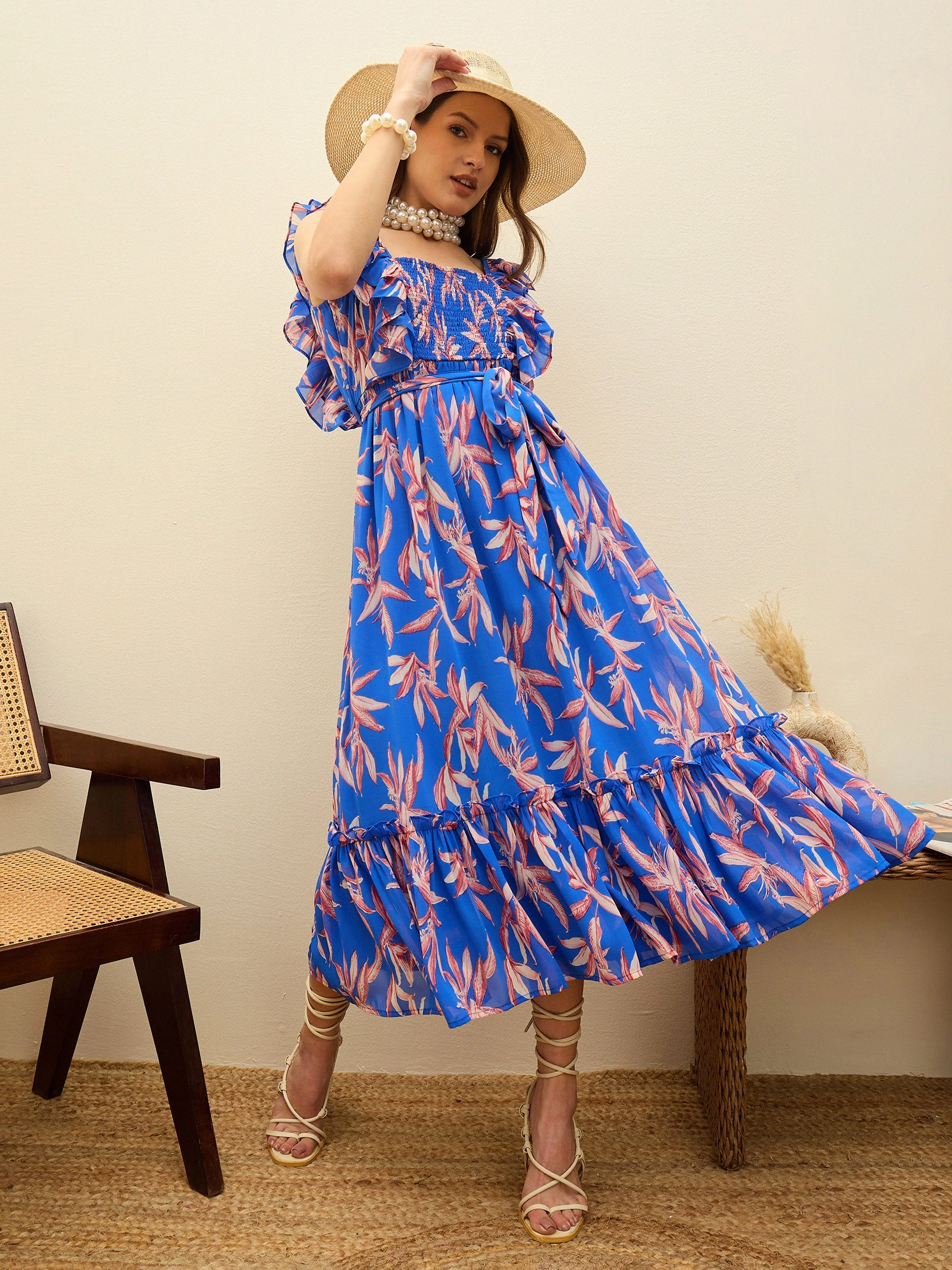 Women Blue Floral Smocked Frill Midi Dress - Image 2