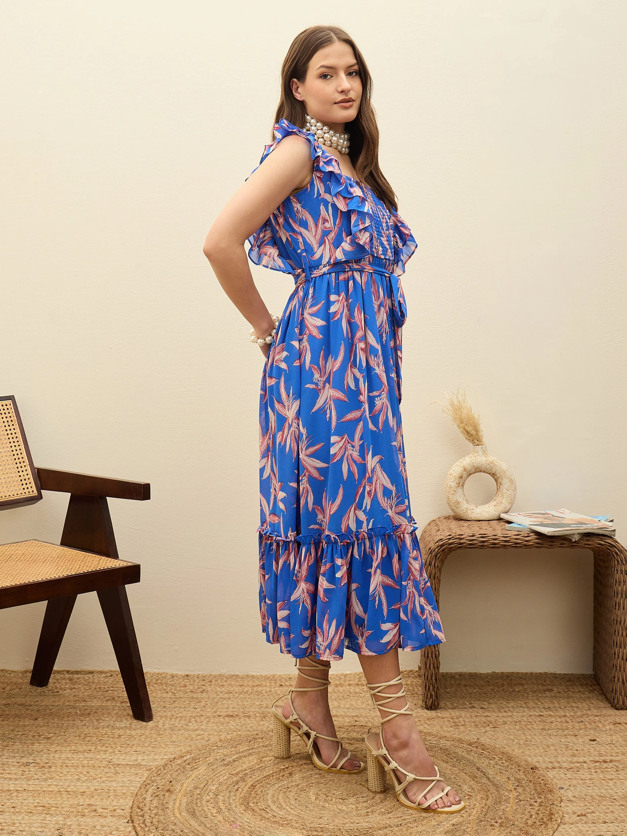 Women Blue Floral Smocked Frill Midi Dress - Image 3