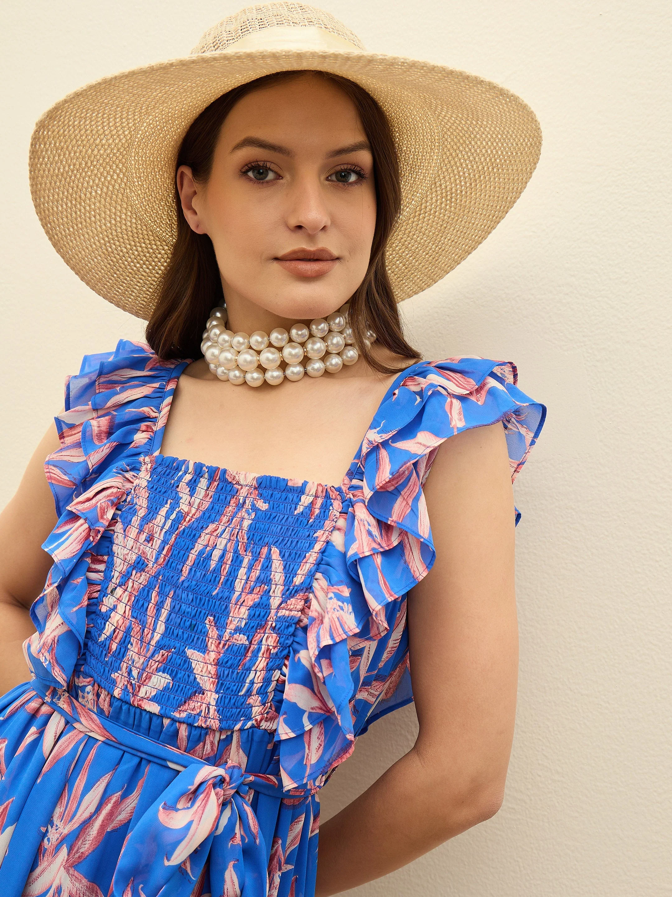 Women Blue Floral Smocked Frill Midi Dress - Image 4