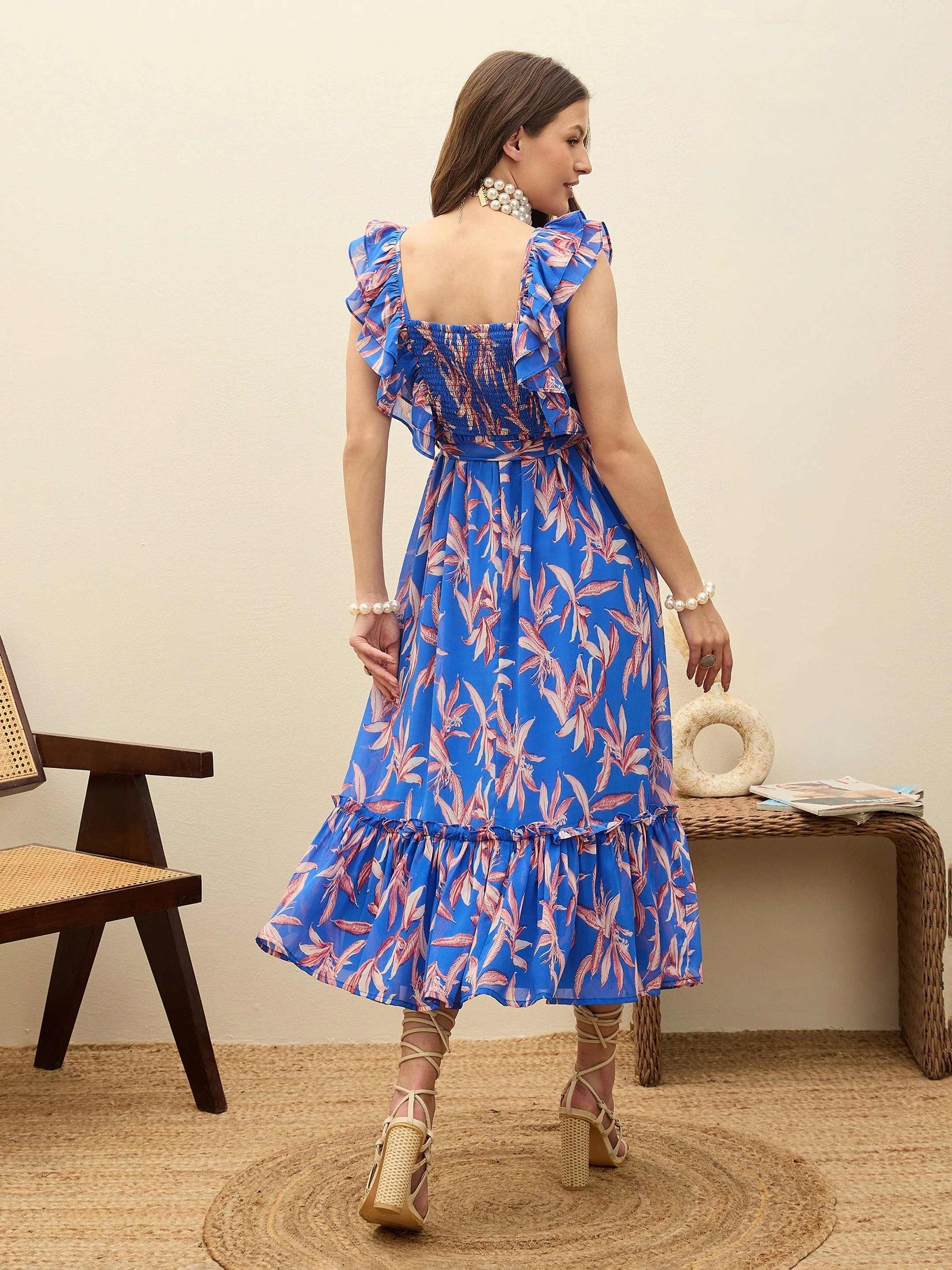 Women Blue Floral Smocked Frill Midi Dress - Image 5